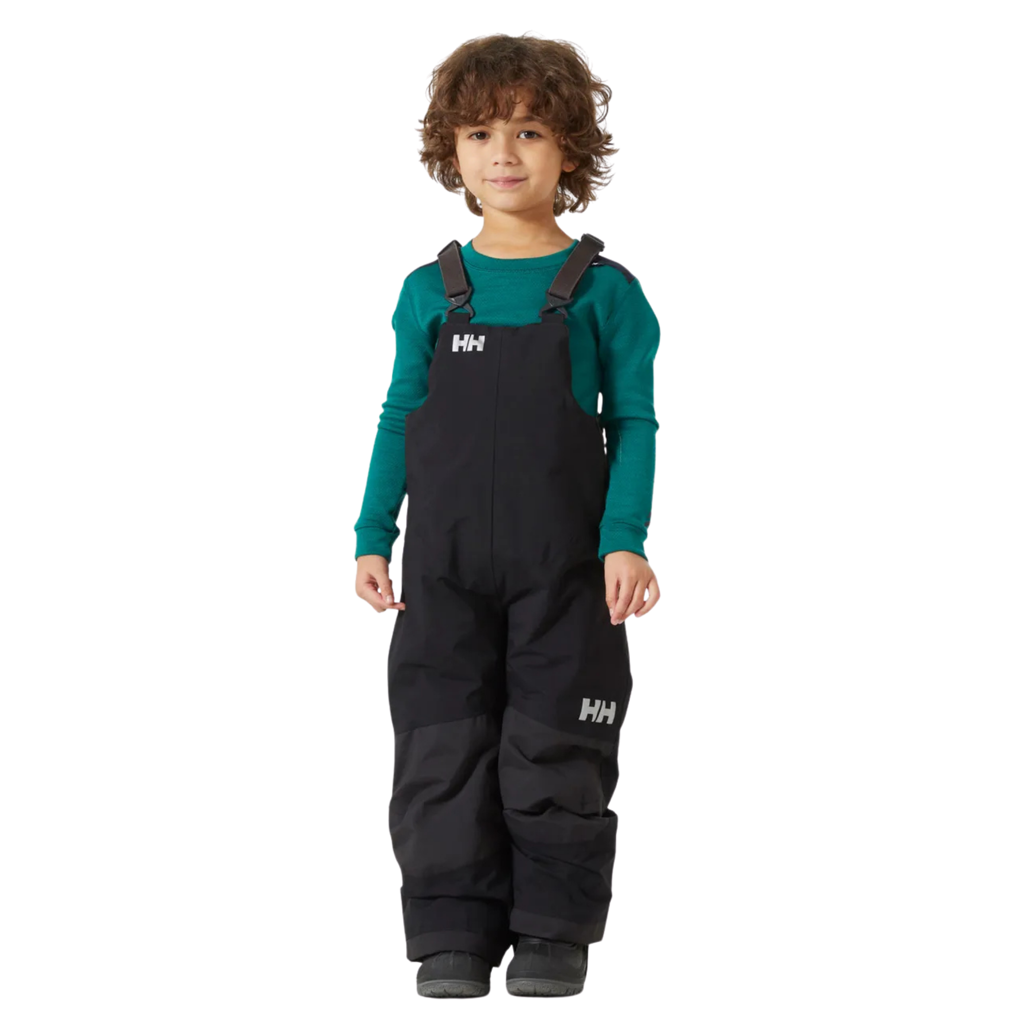 Front view of Helly Hansen Kids Rider 2.0 Insulated Bib Pants in Navy with waterproof HELLY TECH Performance and adjustable suspenders