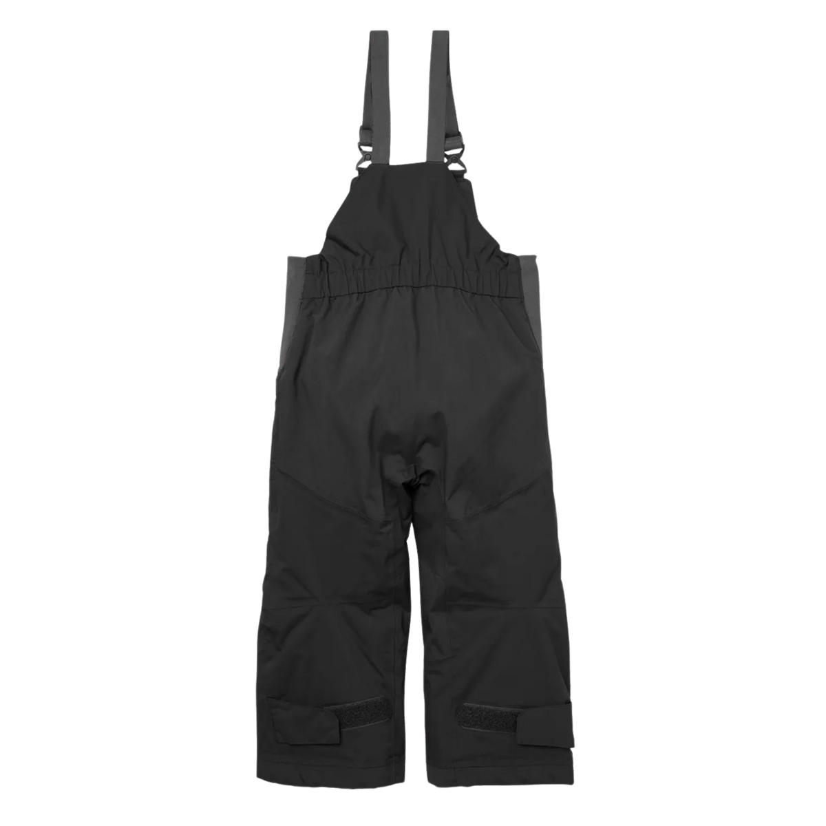 Rear view of Helly Hansen Kids Rider 2.0 Insulated Bib Pants in Black with reinforced no-back-seam seat for added waterproofness and durability
