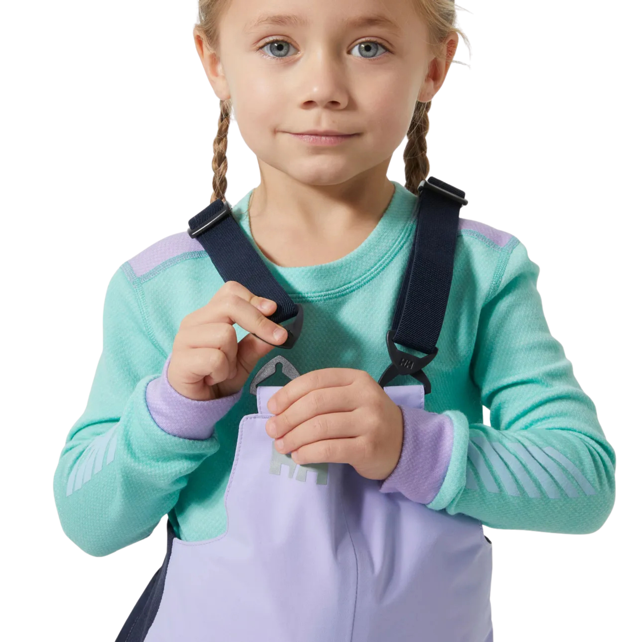 Helly Hansen Kids Rider 2.0 Insulated Bib Pants in Bright Lavender with adjustable elastic suspenders for a secure customizable fit