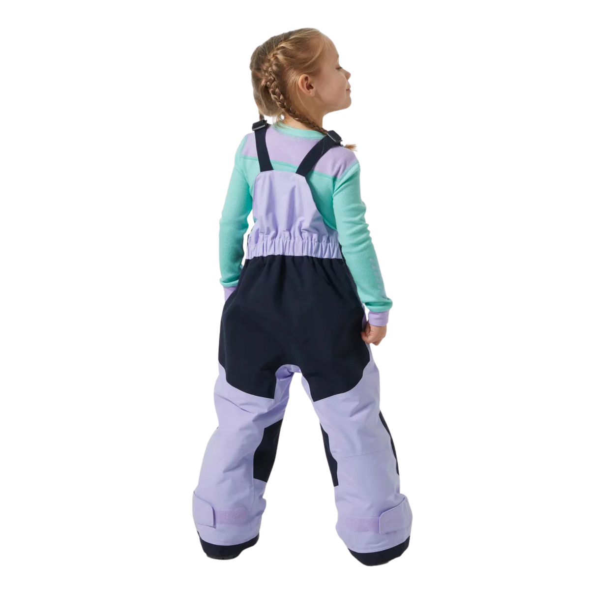Rear view of Helly Hansen Kids Rider 2.0 Insulated Bib Pants with reinforced no-back-seam seat for added waterproofness and durability