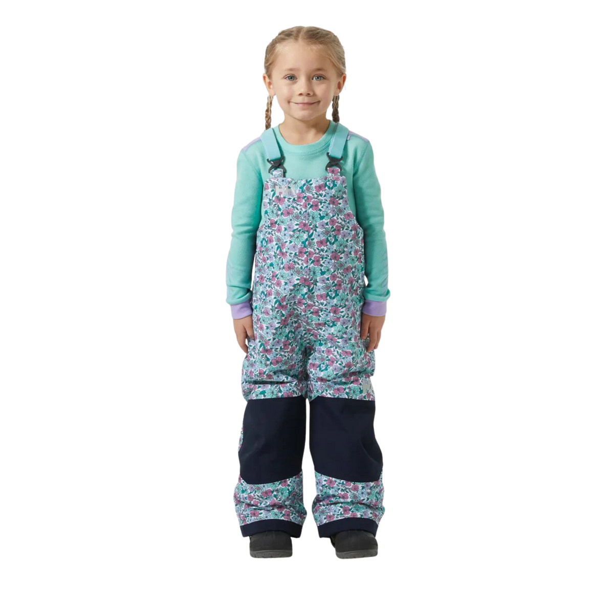 Front view of Helly Hansen Kids Rider 2.0 Insulated Bib Pants in Floral design with waterproof HELLY TECH Performance and adjustable suspenders