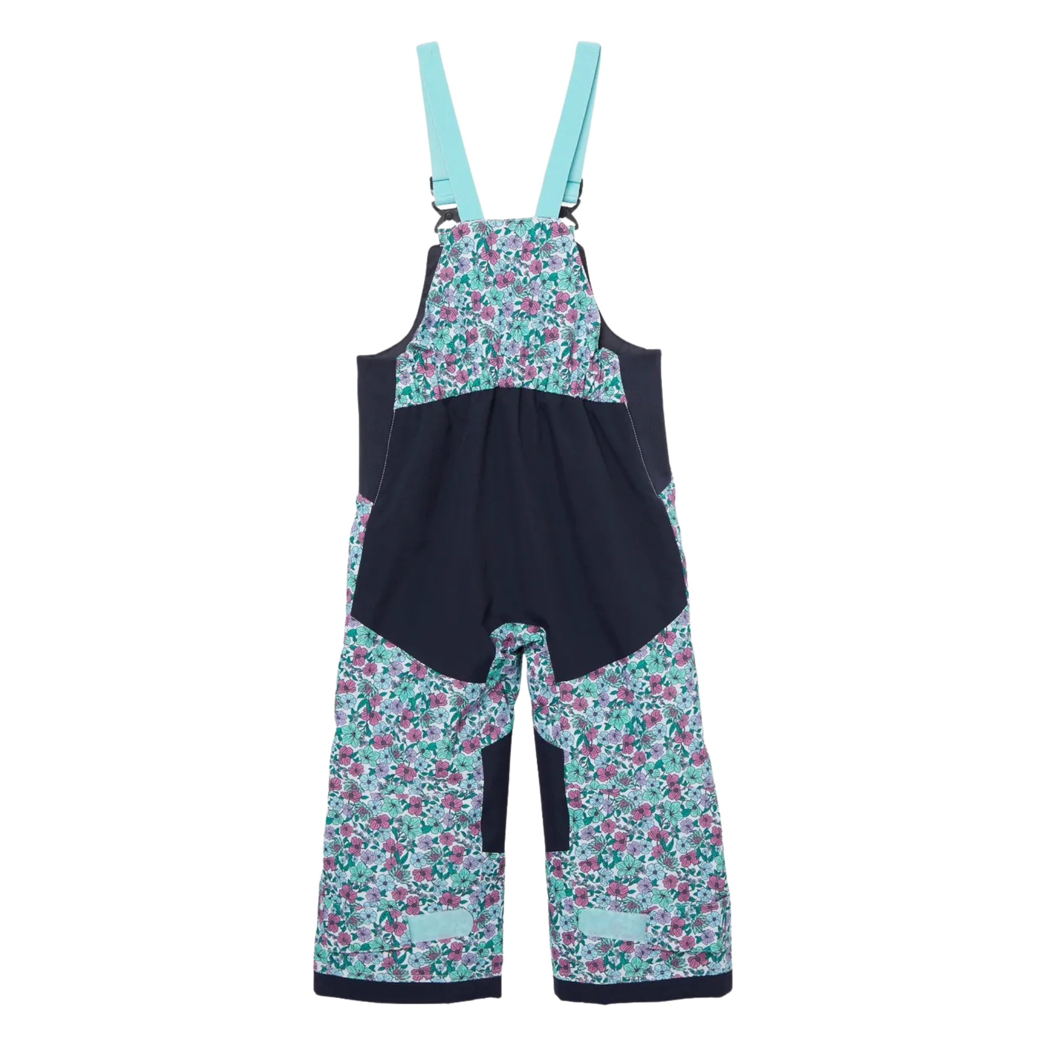 Rear view of Helly Hansen Kids Rider 2.0 Insulated Bib Pants in Floral design with reinforced no-back-seam seat for added waterproofness and durability