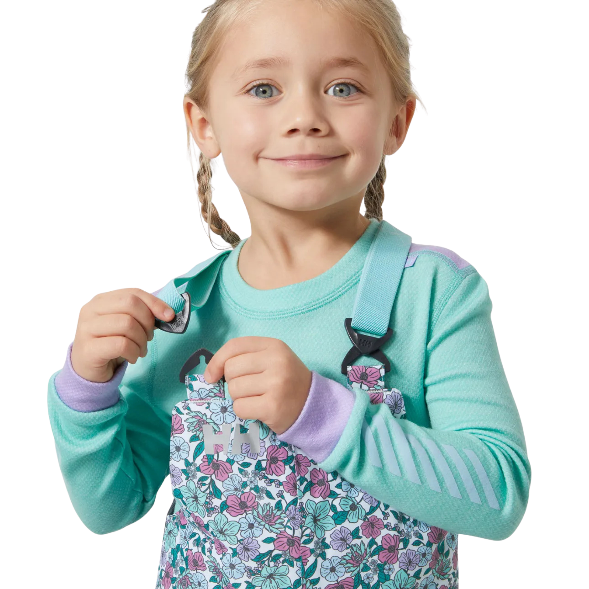 Helly Hansen Kids Rider 2.0 Insulated Bib Pants in Floral design with adjustable elastic suspenders for a secure customizable fit