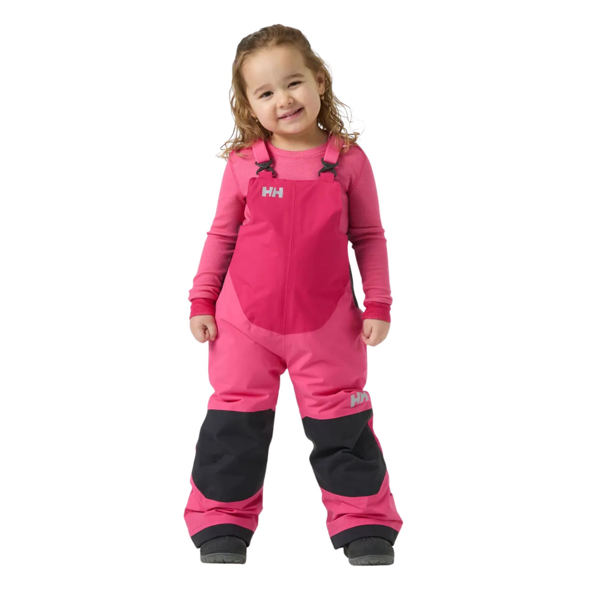 Front view of Helly Hansen Kids Rider 2.0 Insulated Bib Pants in Hot Pink with waterproof HELLY TECH Performance and adjustable suspenders