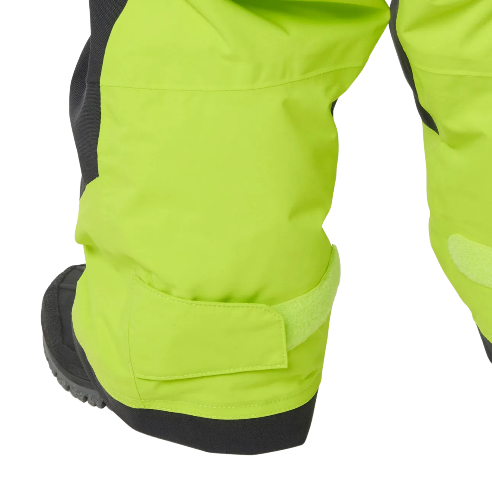Helly Hansen Kids Rider 2.0 Insulated Bib Pants in Luminous Green with snow boot gaiter and underfoot rubber strap for a secure fit around winter boots