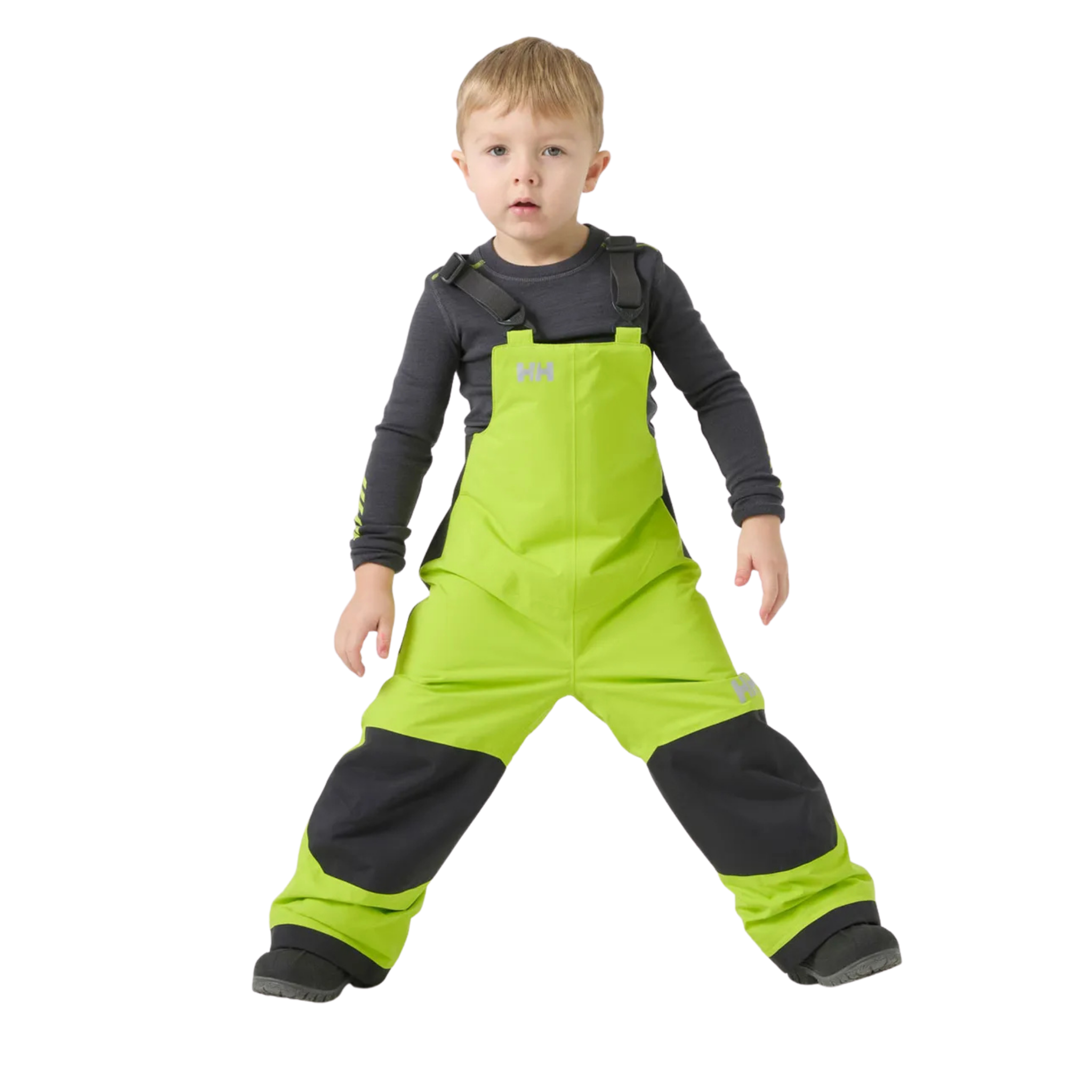 Front view of Helly Hansen Kids Rider 2.0 Insulated Bib Pants in Luminous Green with waterproof HELLY TECH Performance and adjustable suspenders