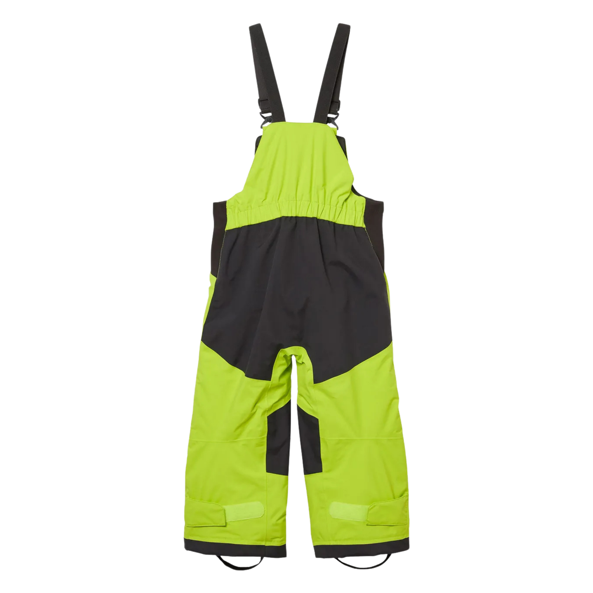 Rear view of Helly Hansen Kids Rider 2.0 Insulated Bib Pants in Luminous Green with reinforced no-back-seam seat for added waterproofness and durability