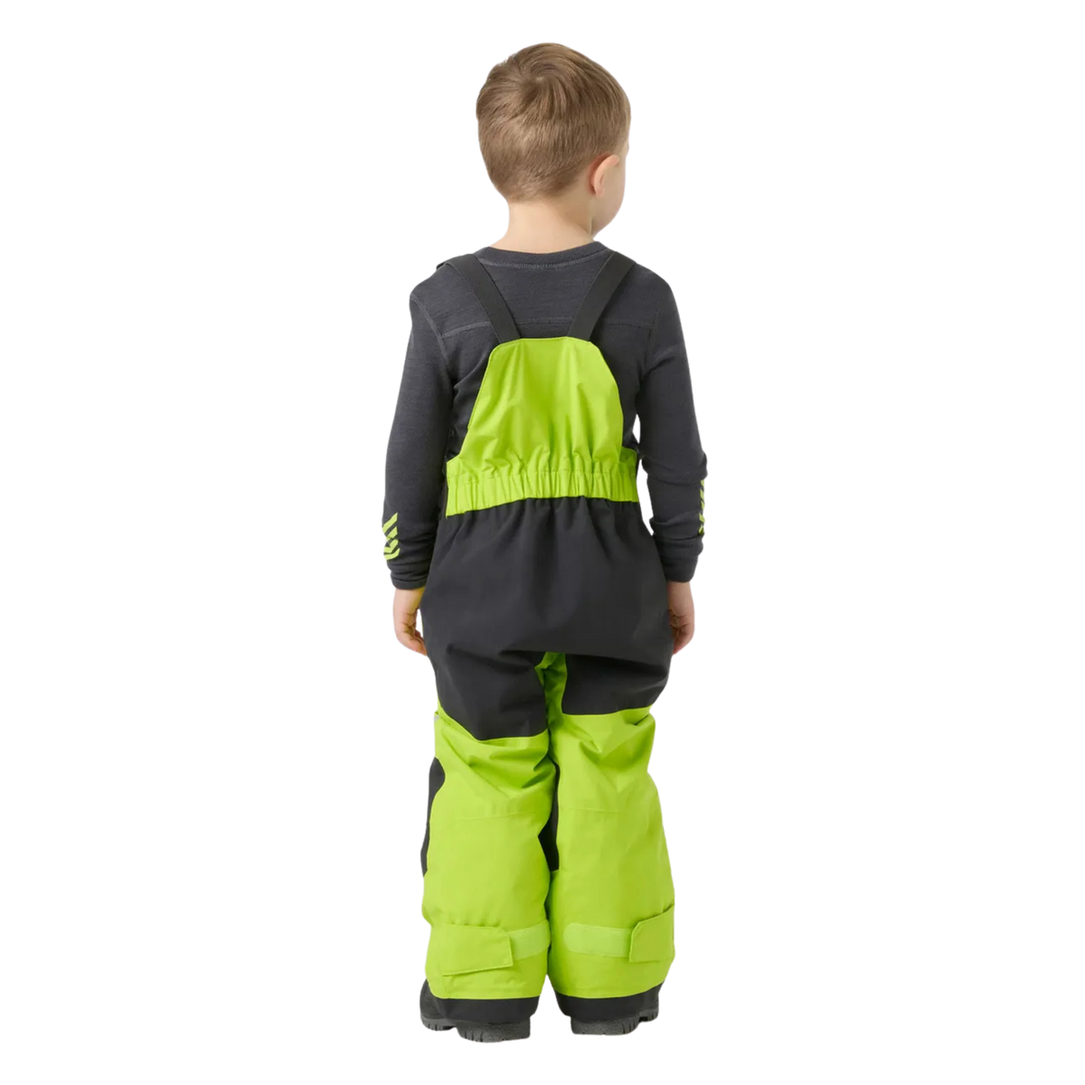 Rear view of Helly Hansen Kids Rider 2.0 Insulated Bib Pants in Luminous Green with reinforced no-back-seam seat for added waterproofness and durability