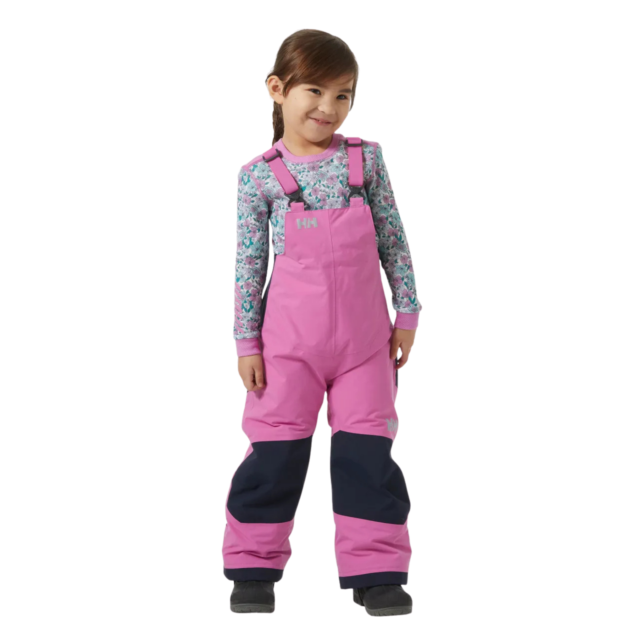 Front view of Helly Hansen Kids Rider 2.0 Insulated Bib Pants in Meta Pink with waterproof HELLY TECH Performance and adjustable suspenders
