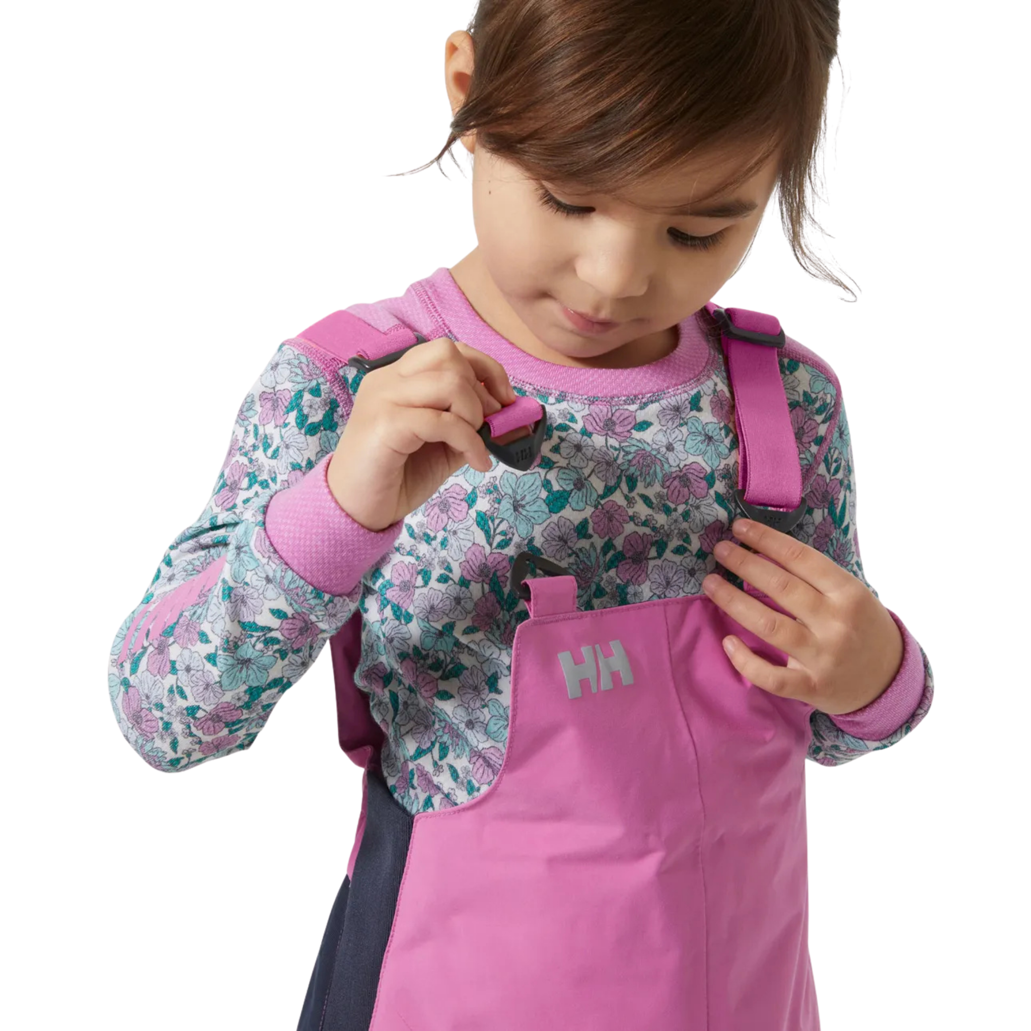 Helly Hansen Kids Rider 2.0 Insulated Bib Pants in Meta Pink with adjustable elastic suspenders for a secure customizable fit