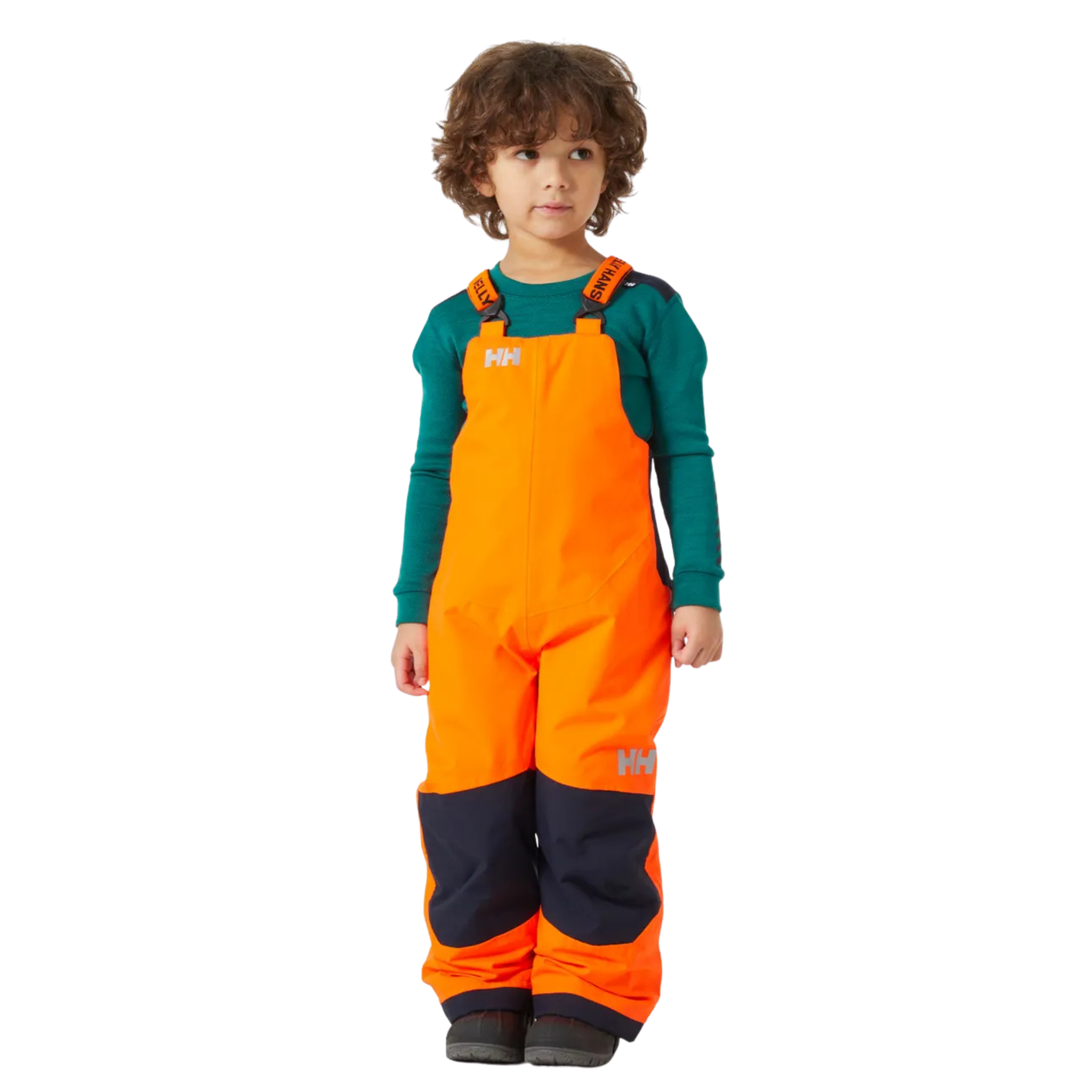 Front view of Helly Hansen Kids Rider 2.0 Insulated Bib Pants in Neon Orange with waterproof HELLY TECH Performance and adjustable suspenders