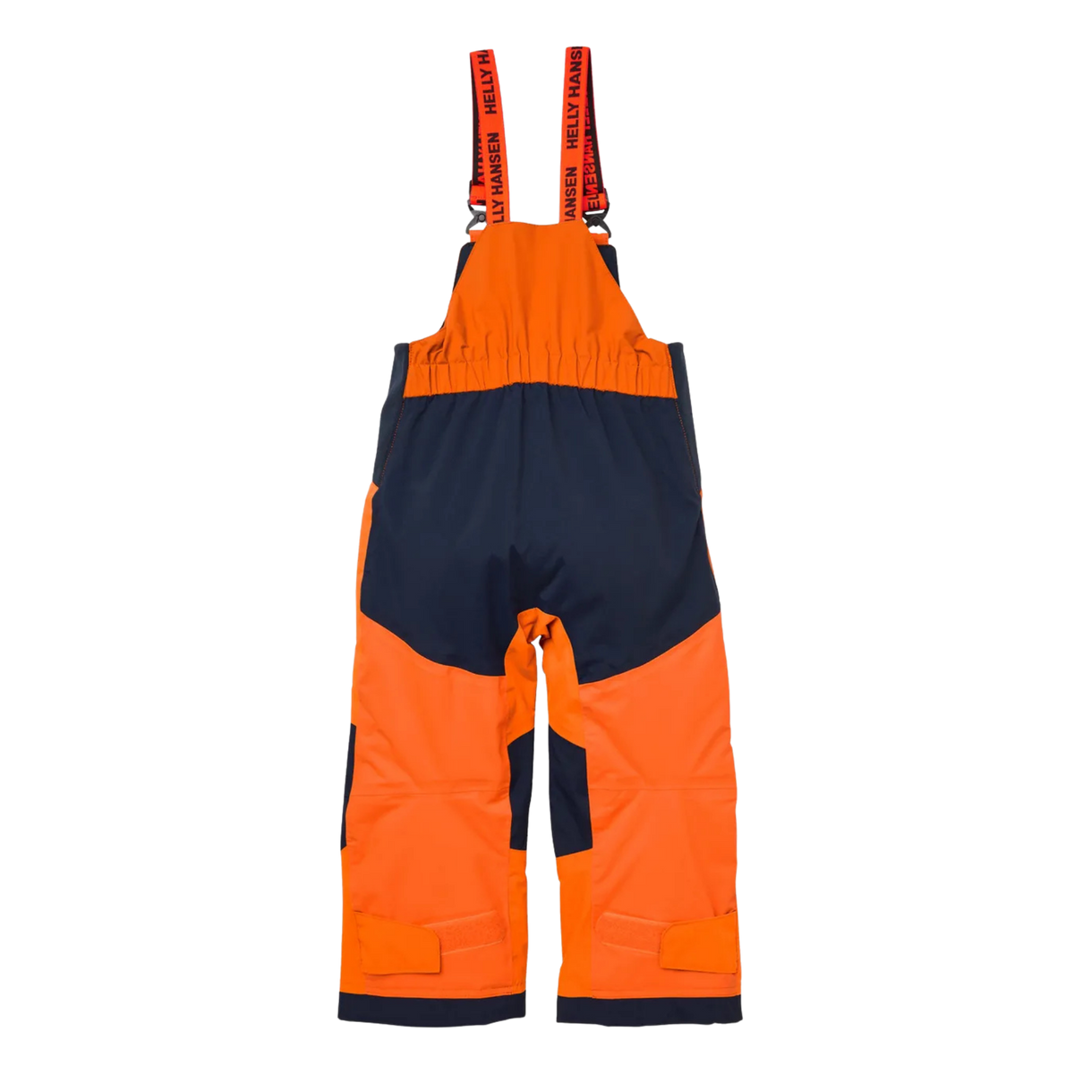 Rear view of Helly Hansen Kids Rider 2.0 Insulated Bib Pants in Neon Orange with reinforced no-back-seam seat for added waterproofness and durability