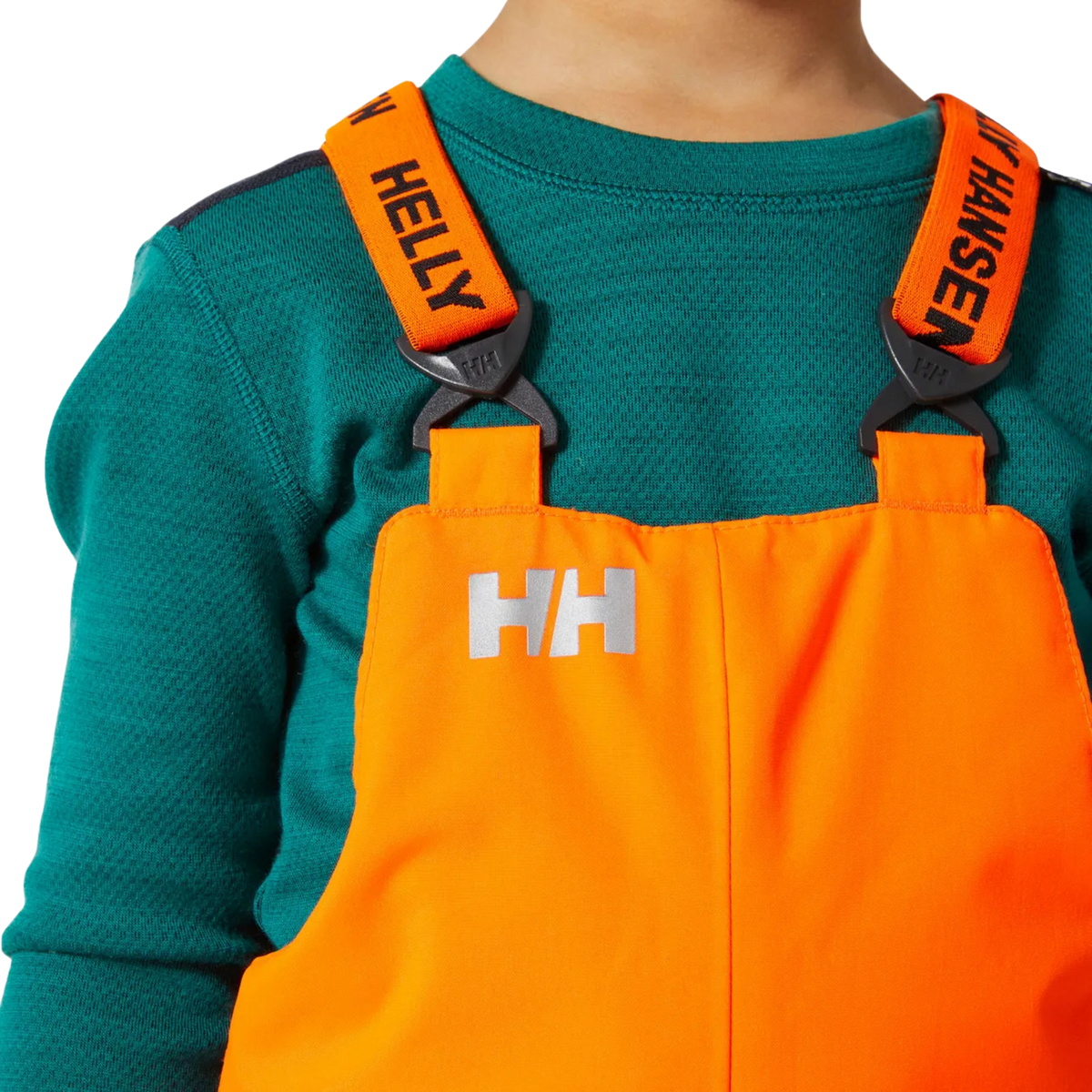 Helly Hansen Kids Rider 2.0 Insulated Bib Pants in Neon Orange with adjustable elastic suspenders for a secure customizable fit