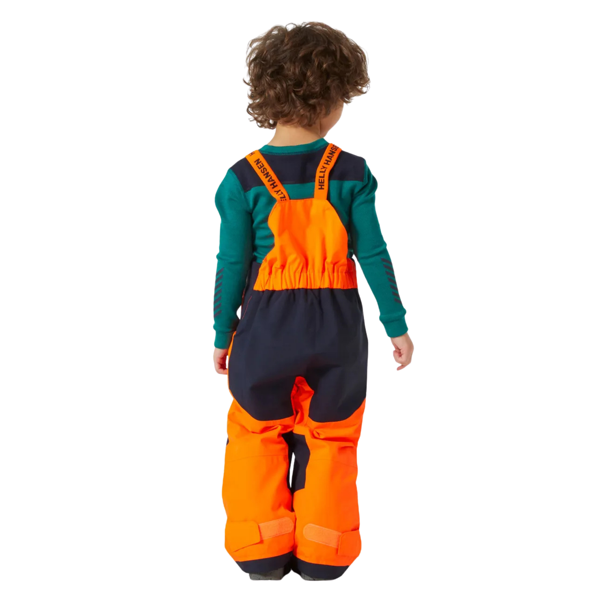 Rear view of Helly Hansen Kids Rider 2.0 Insulated Bib Pants with reinforced no-back-seam seat for added waterproofness and durability