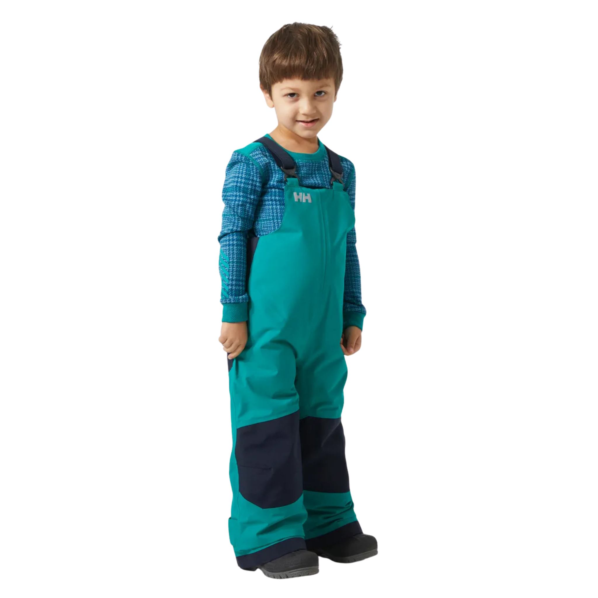 Front view of Helly Hansen Kids Rider 2.0 Insulated Bib Pants in Signal Green with waterproof HELLY TECH Performance and adjustable suspenders