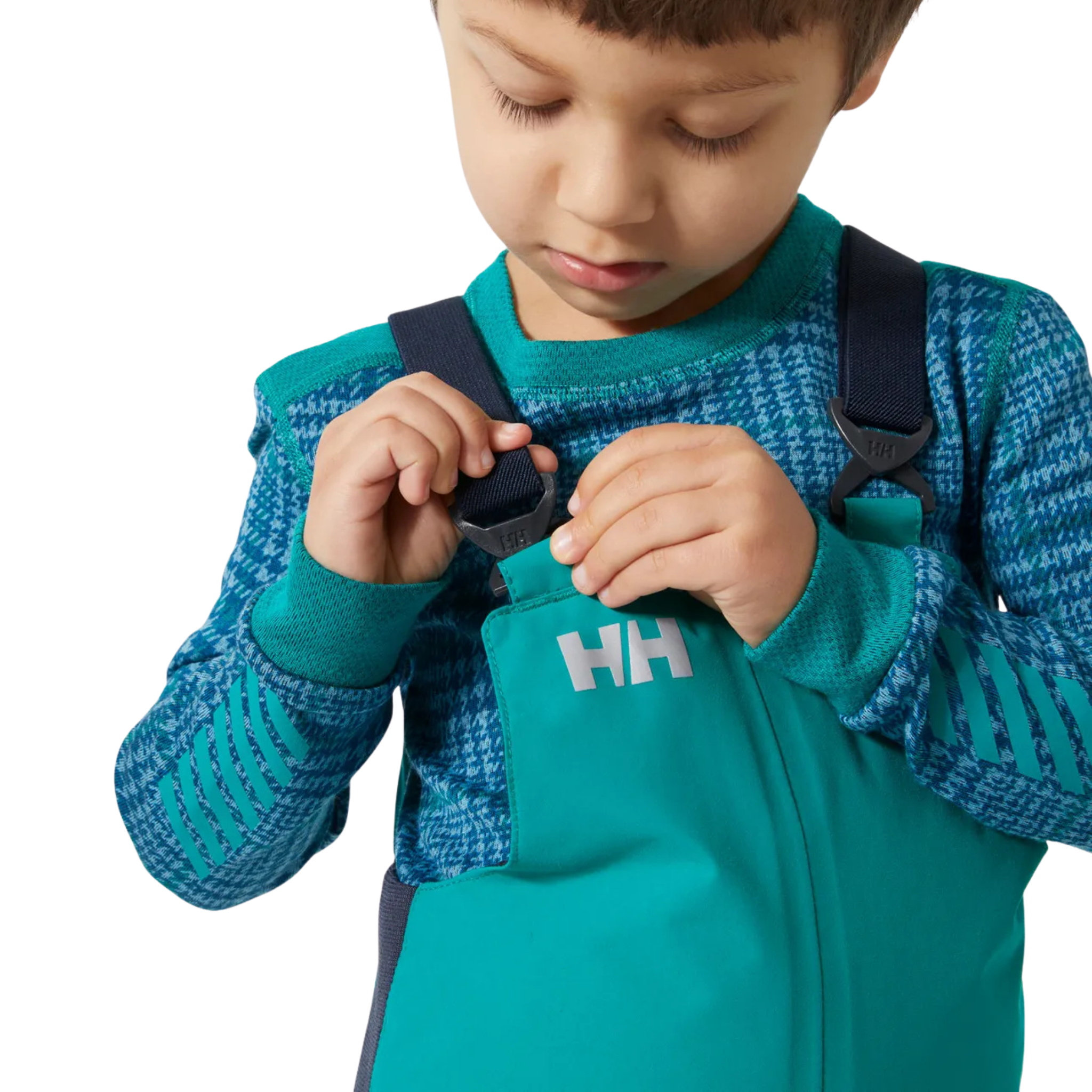 Helly Hansen Kids Rider 2.0 Insulated Bib Pants in Signal Green with adjustable elastic suspenders for a secure customizable fit