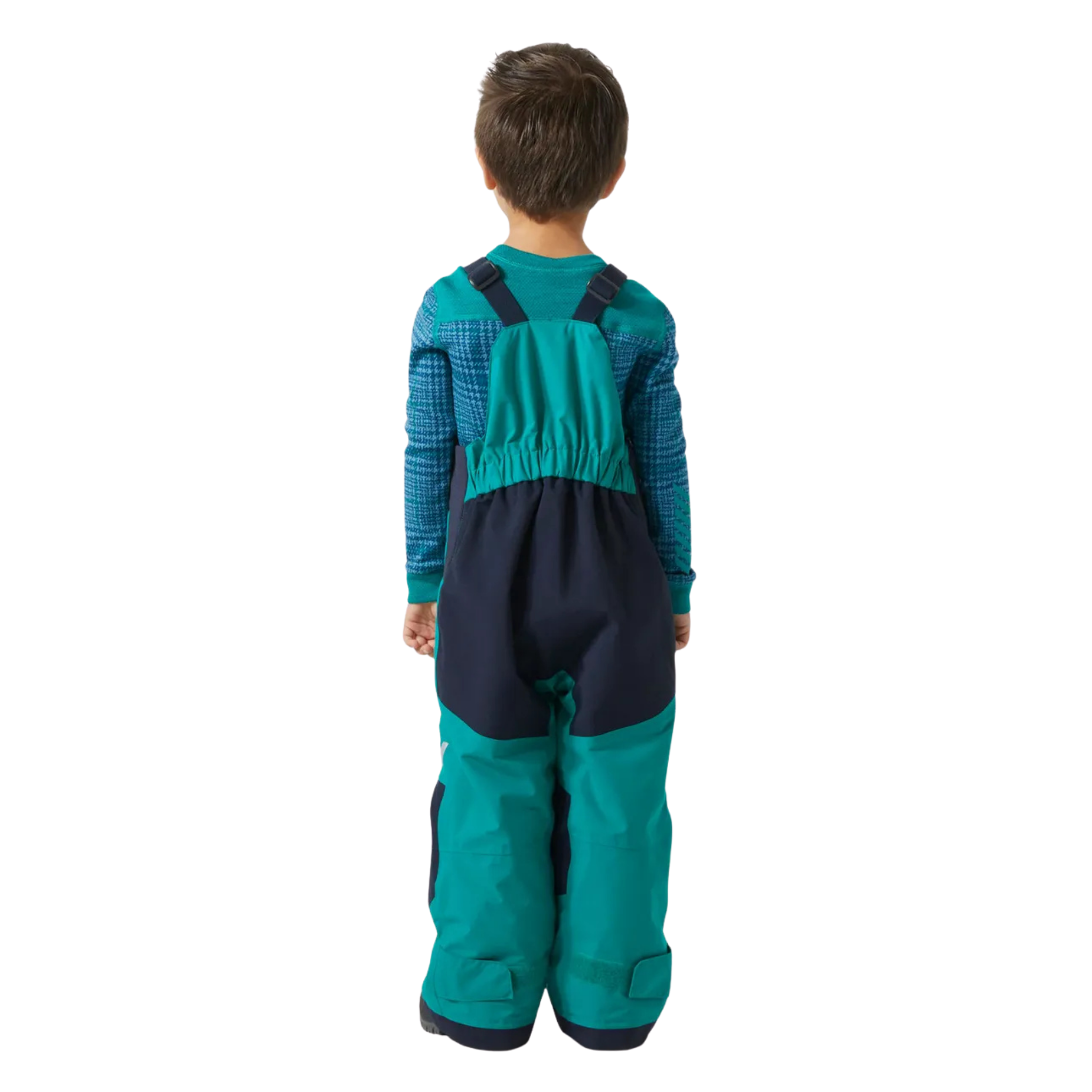 Rear view of Helly Hansen Kids Rider 2.0 Insulated Bib Pants with reinforced no-back-seam seat for added waterproofness and durability