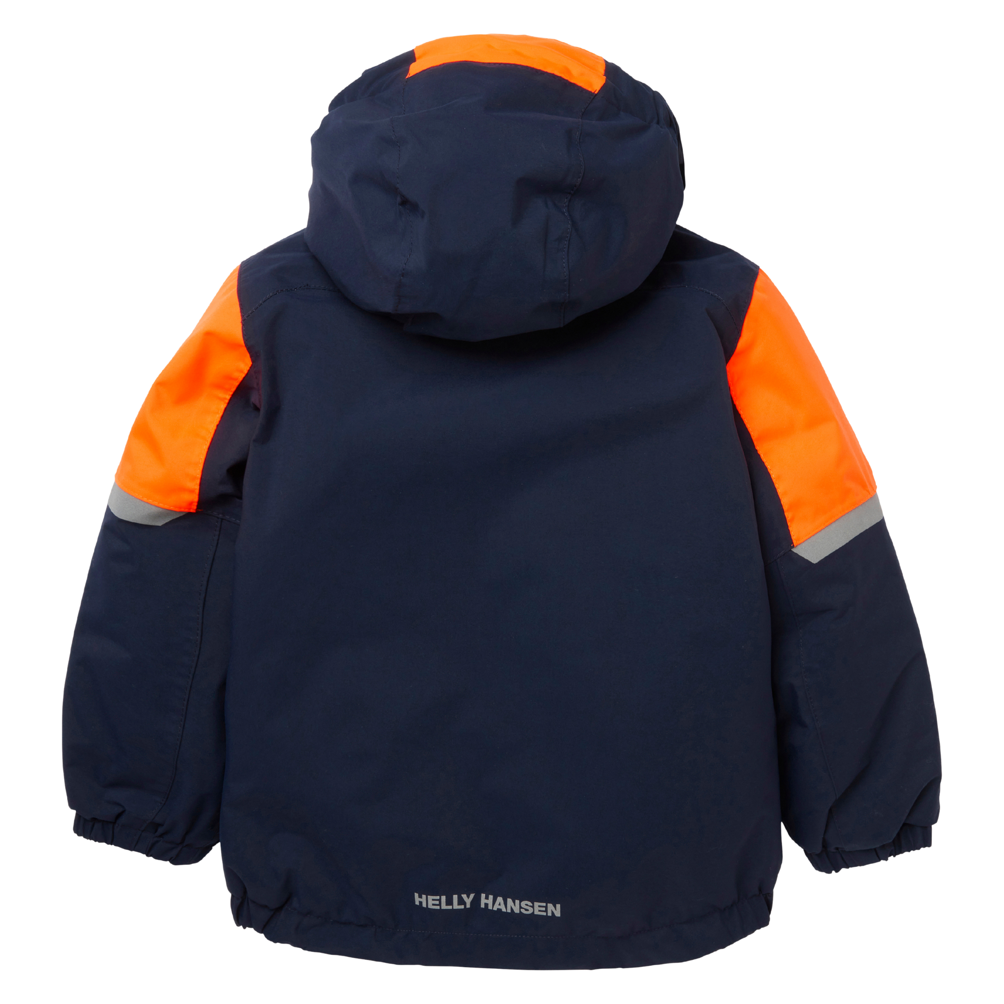 Rear view of Helly Hansen Kids Rider 2.0 Insulated Winter Jacket in Navy with fully seam-sealed 2-layer construction and reflective details