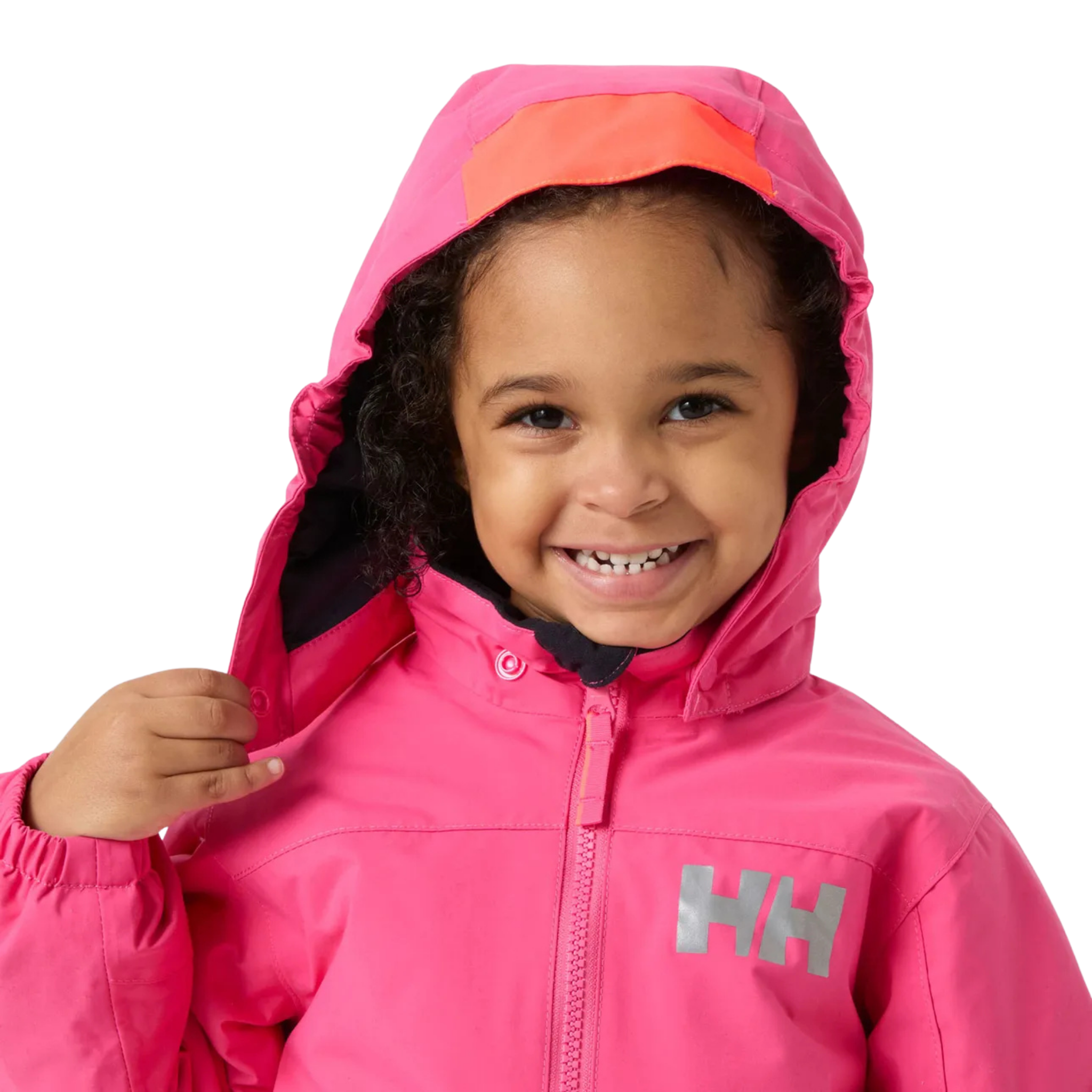 Helly Hansen Kids Rider 3.0 Snowsuit in Hot Pink with adjustable detachable hood and neon brim for added visibility in winter conditions