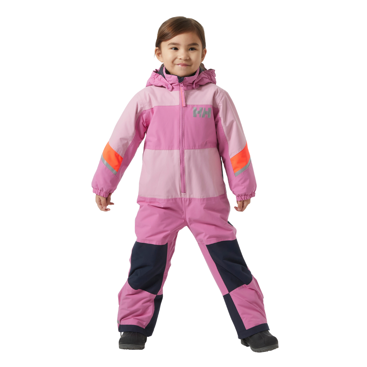 Front view of Helly Hansen Kids Rider 3.0 Snowsuit in Meta Pink with waterproof 2-layer HELLY TECH Performance and 133g PrimaLoft insulation