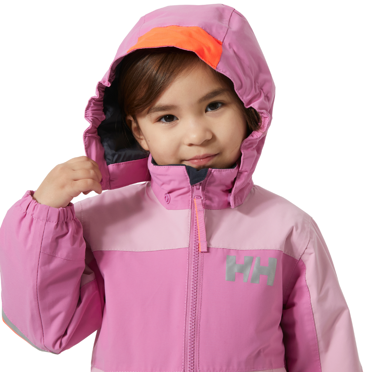 Helly Hansen Kids Rider 3.0 Snowsuit in Meta Pink with adjustable detachable hood and neon brim for added visibility in winter conditions