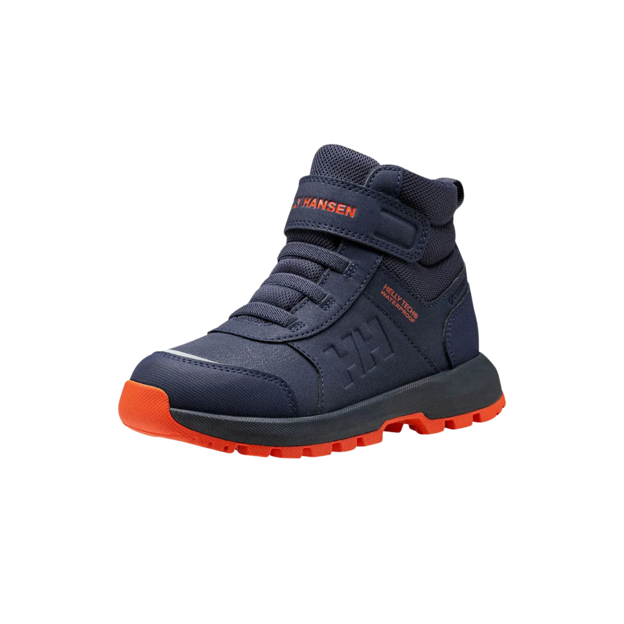 Front view of Helly Hansen Kids Shelter Boots HT in Navy / Cherry Tomato with 200g PrimaLoft insulation, reinforced toe and waterproof construction
