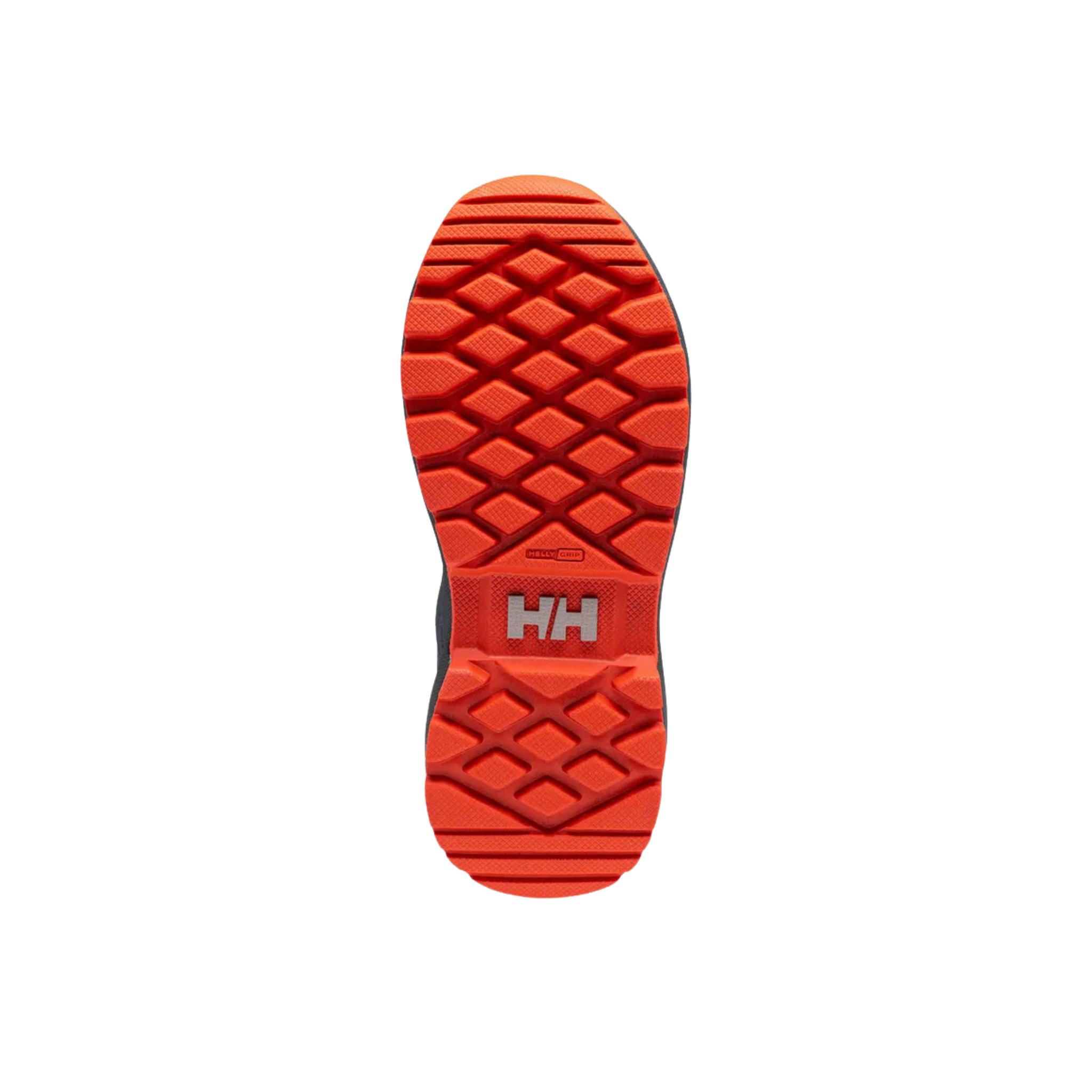 Sole view of Helly Hansen Kids Shelter Boots HT in Navy / Cherry Tomato with HH Max Grip traction designed for slippery winter surfaces
