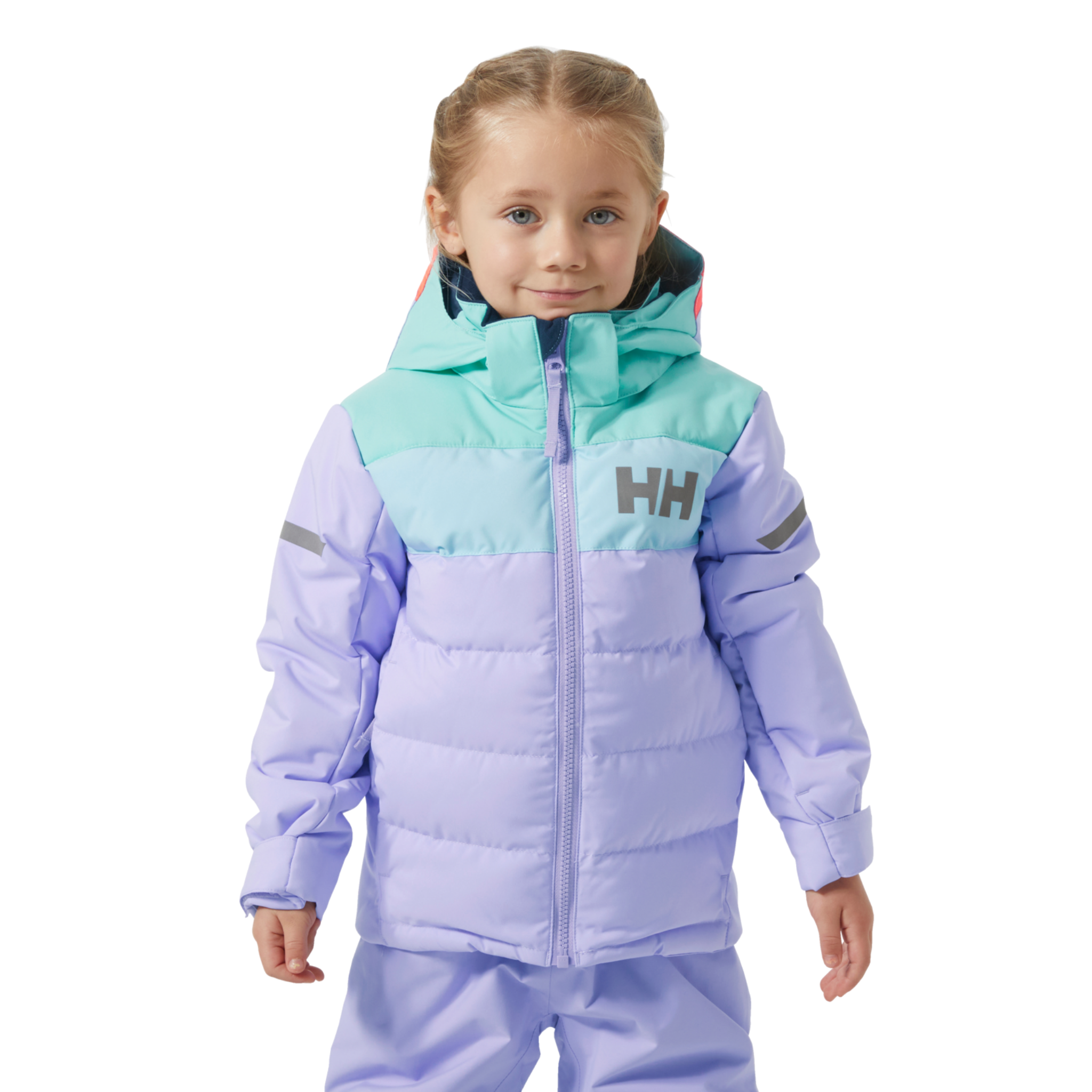 Front view of Helly Hansen Kids Vertical Insulated Jacket in Signal Green with 170g PrimaLoft insulation, YKK VISLON zipper and adjustable hood