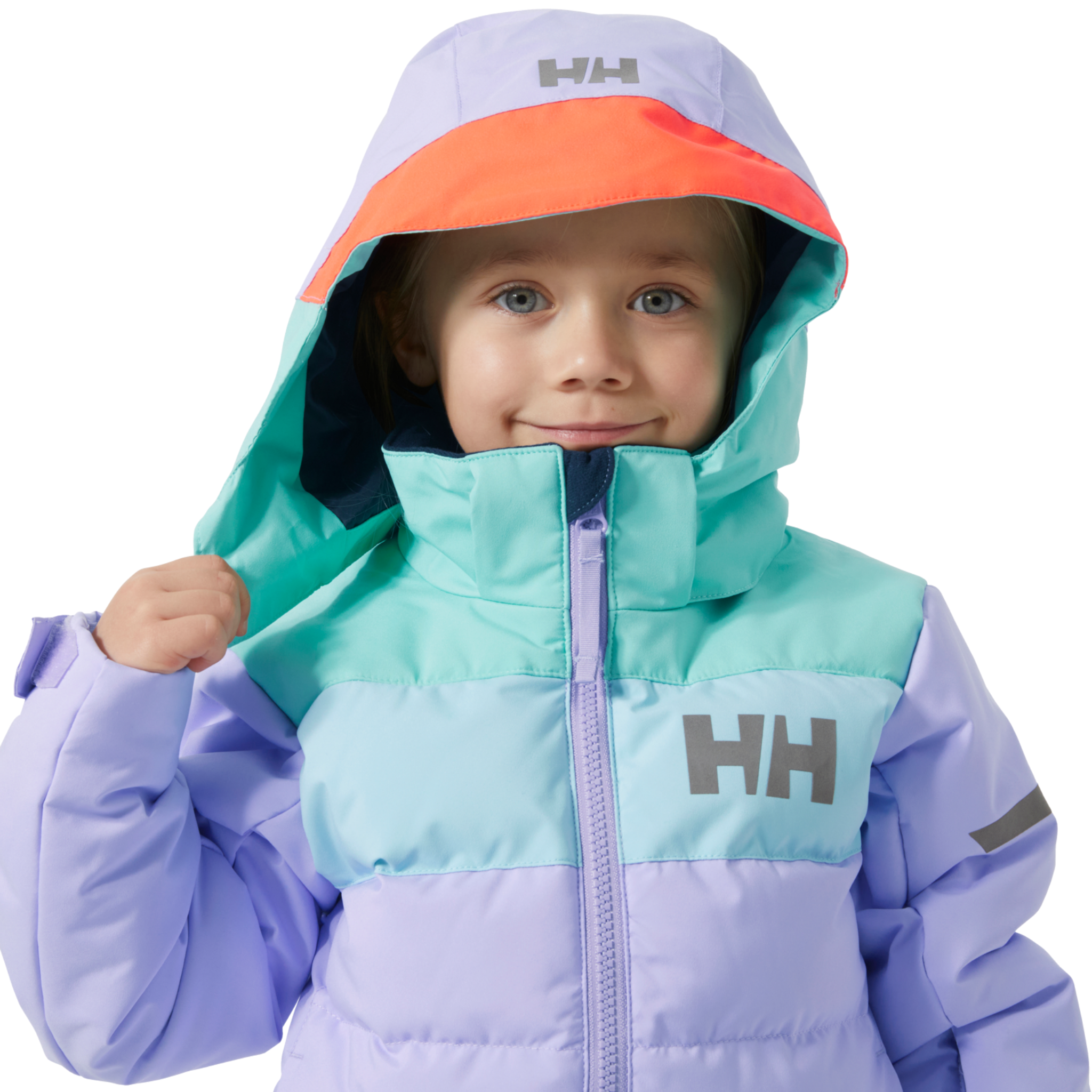 Helly Hansen Kids Vertical Insulated Jacket in Bright Lavender with adjustable detachable hood and neon brim for added visibility on the mountain