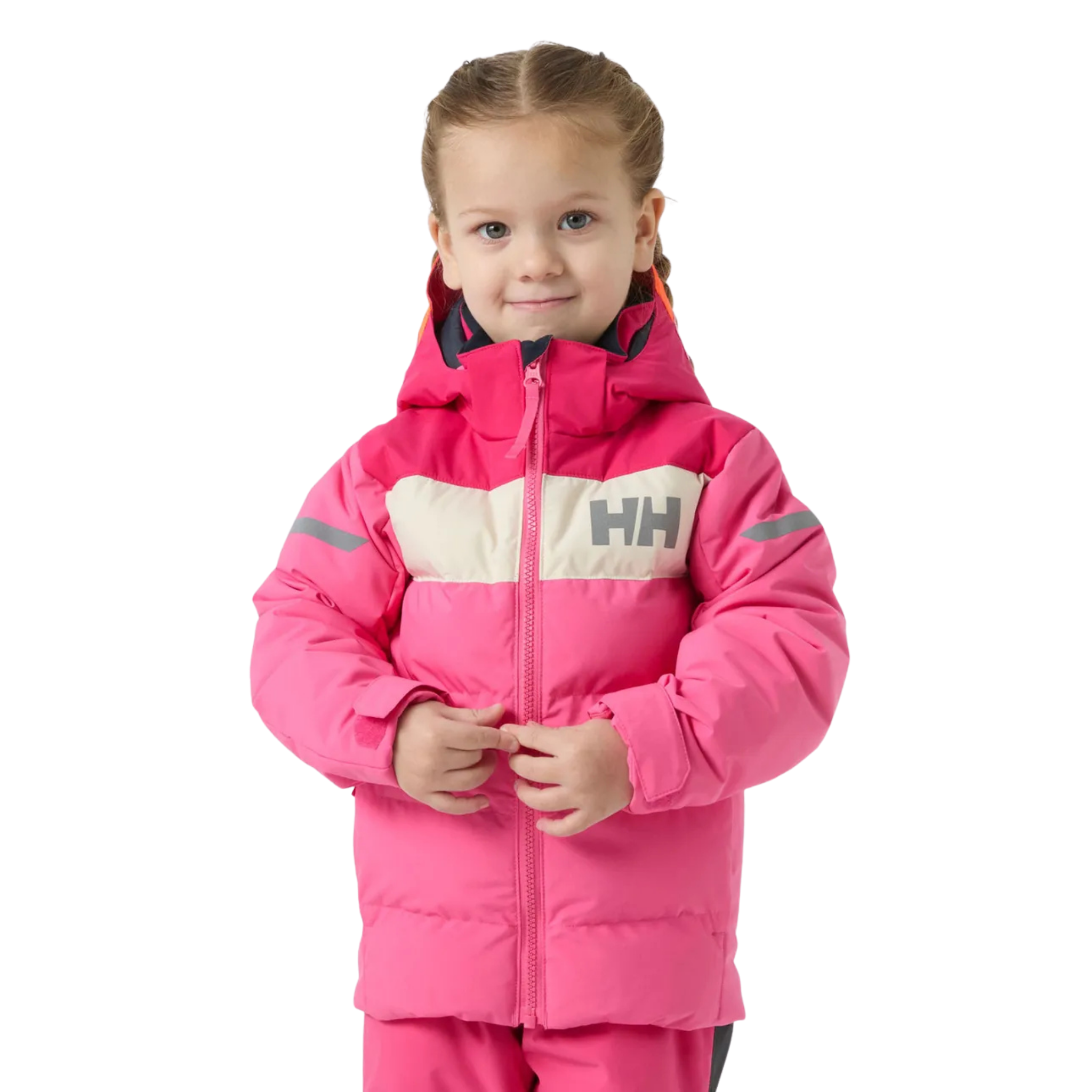 Front view of Helly Hansen Kids Vertical Insulated Jacket in Hot Pink with 170g PrimaLoft insulation, YKK VISLON zipper and adjustable hood