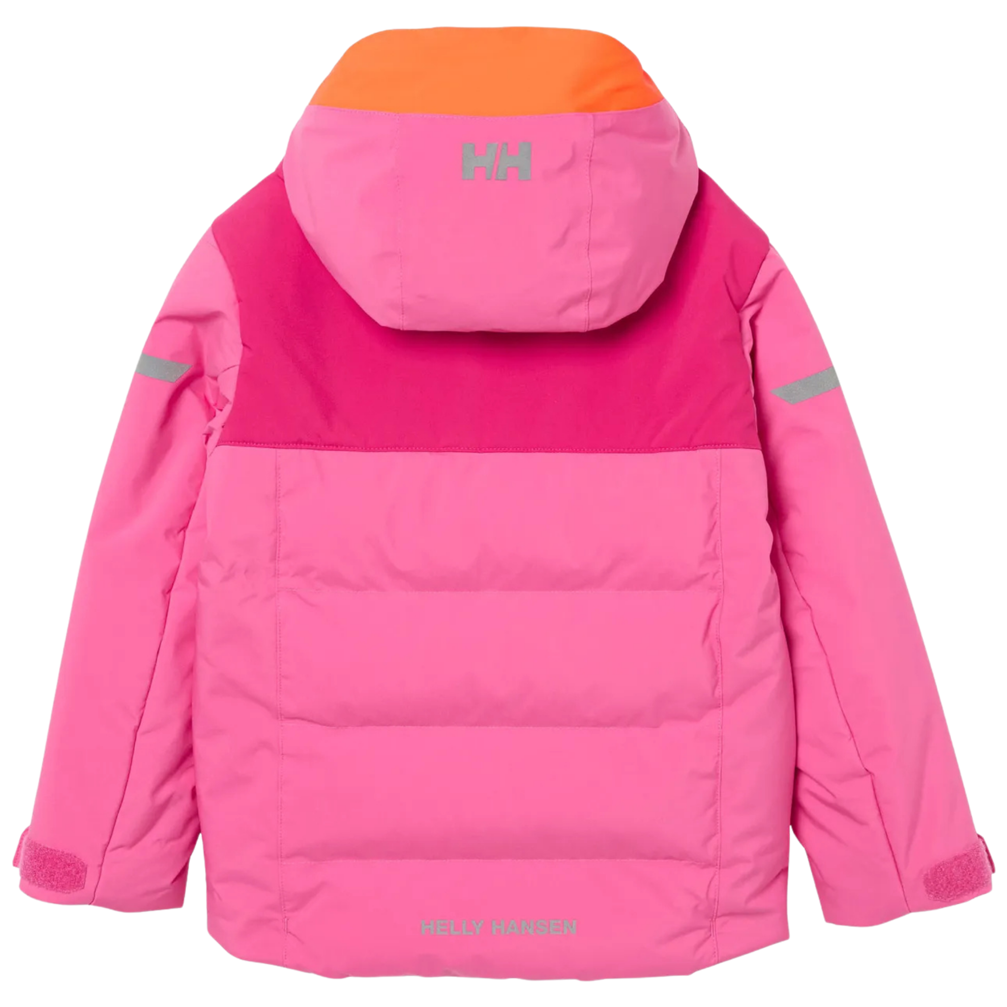 Rear view of Helly Hansen Kids Vertical Insulated Jacket in Hot Pink with water-resistant exterior, insulated baffle construction and reflective details