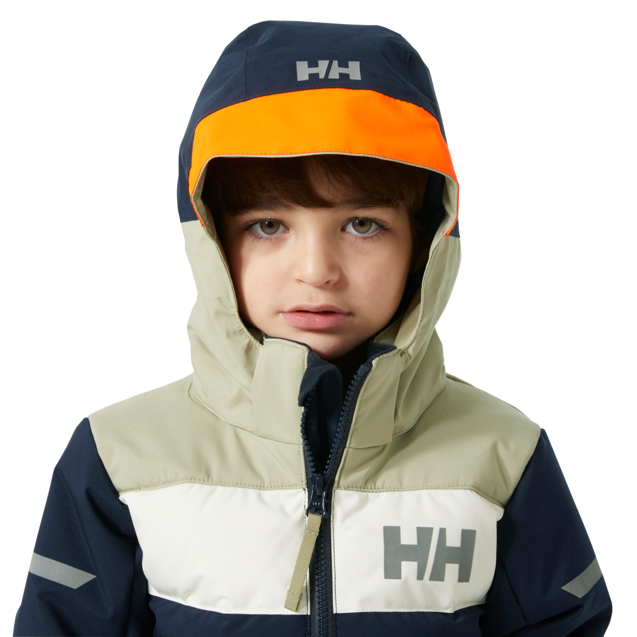Helly Hansen Kids Vertical Insulated Jacket in Navy with adjustable detachable hood and neon brim for added visibility on the mountain