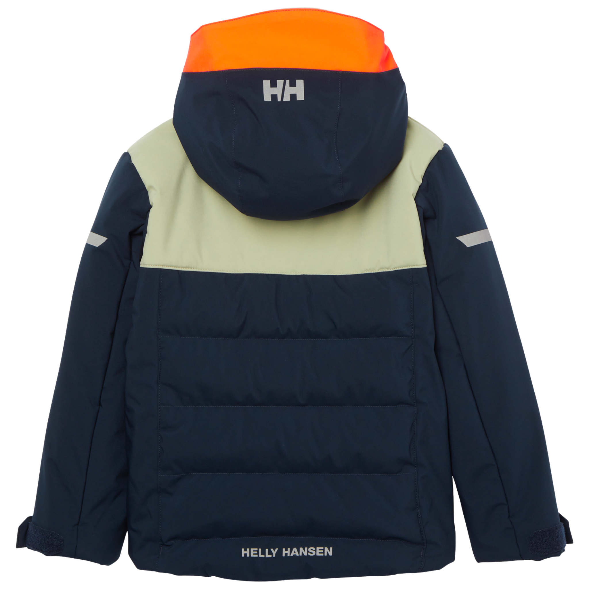 Rear view of Helly Hansen Kids Vertical Insulated Jacket in Navy with water-resistant exterior, insulated baffle construction and reflective details