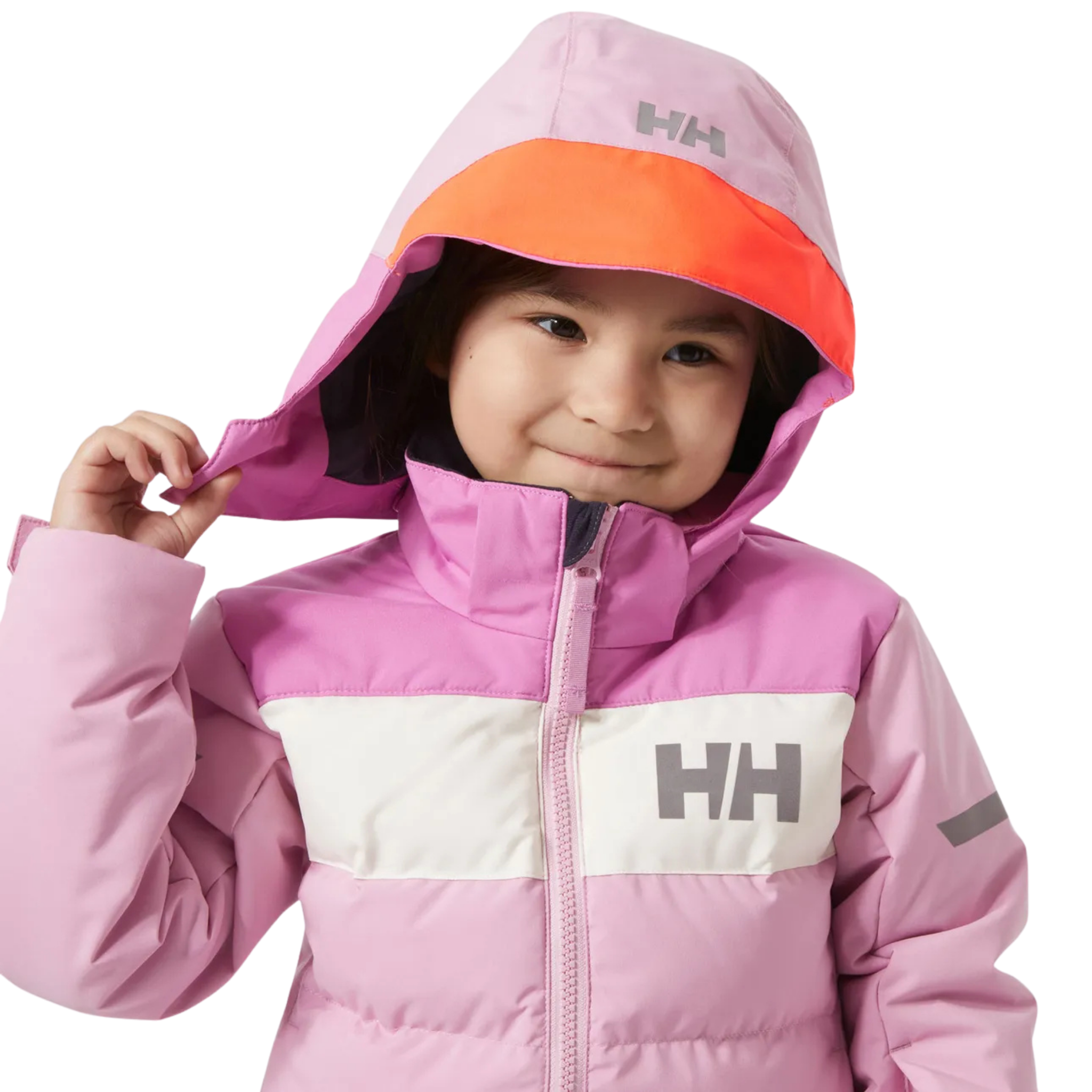 Helly Hansen Kids Vertical Insulated Jacket in Pink Lavender with adjustable detachable hood and neon brim for added visibility on the mountain