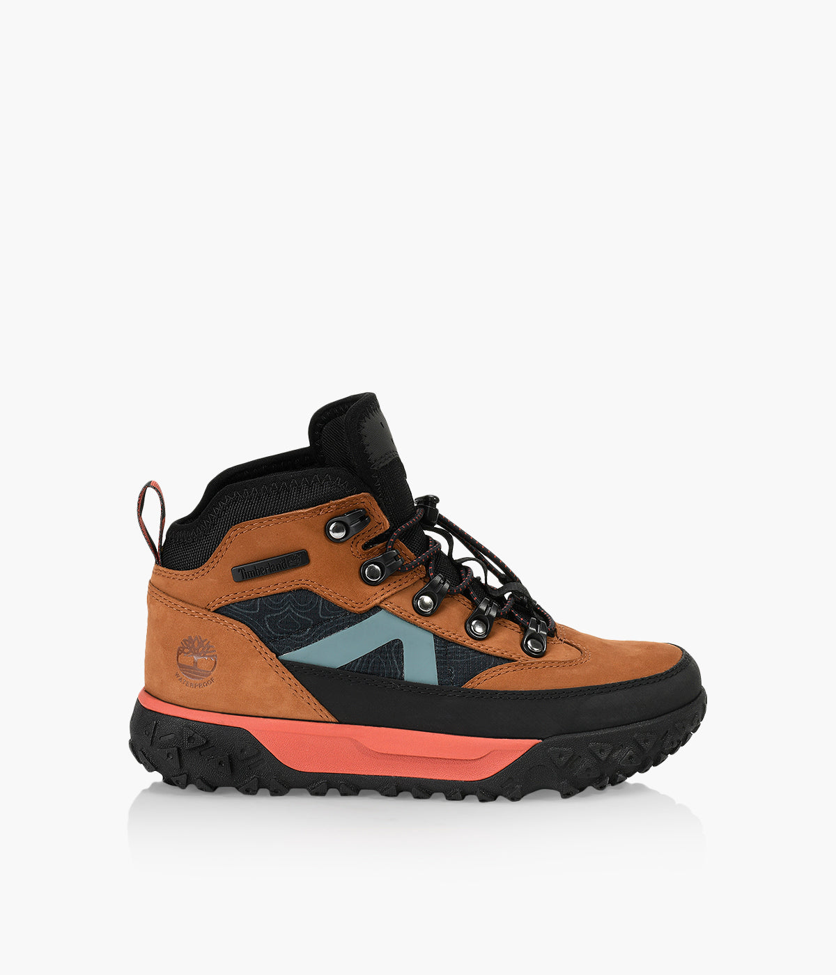 Mid height youth hiking boot in black and tan with green stripe.