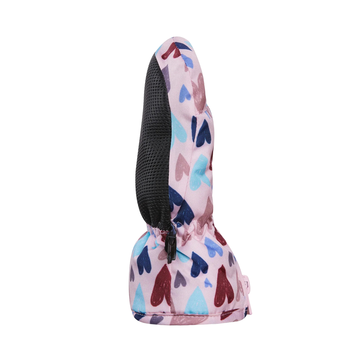 Side view of Kombi Adorable Stay On Infant Mitt in Doodle Hearts design with thumb-free construction, full-length zipper and waterproof protection