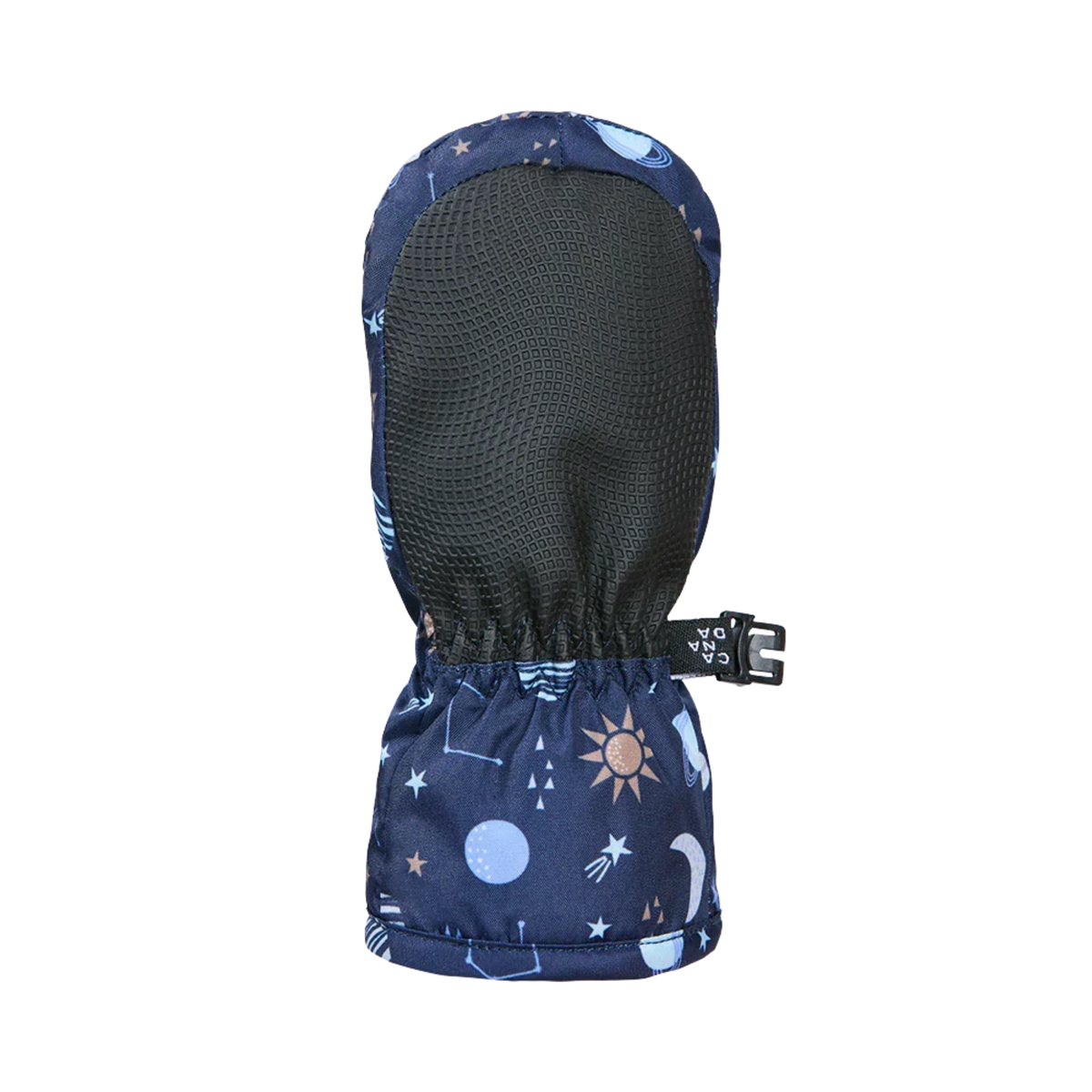 Palm view of Kombi Adorable Stay On Infant Mitt in New Baby Space design with durable water-resistant textured synthetic leather palm