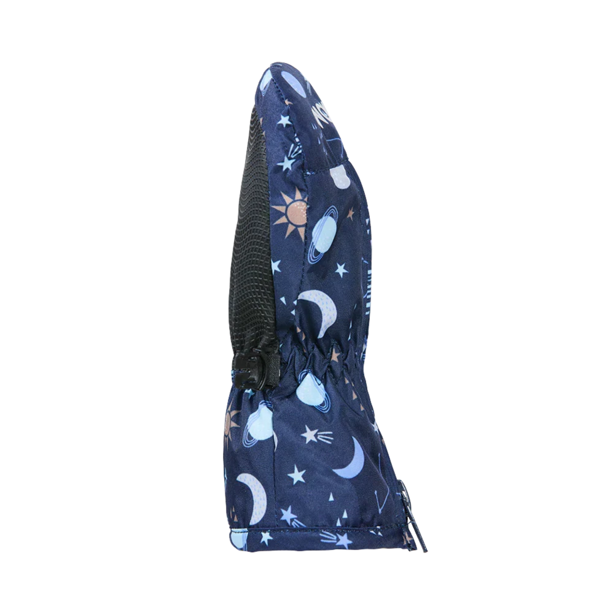 Side view of Kombi Adorable Stay On Infant Mitt in New Baby Space design with thumb-free construction, full-length zipper and waterproof protection