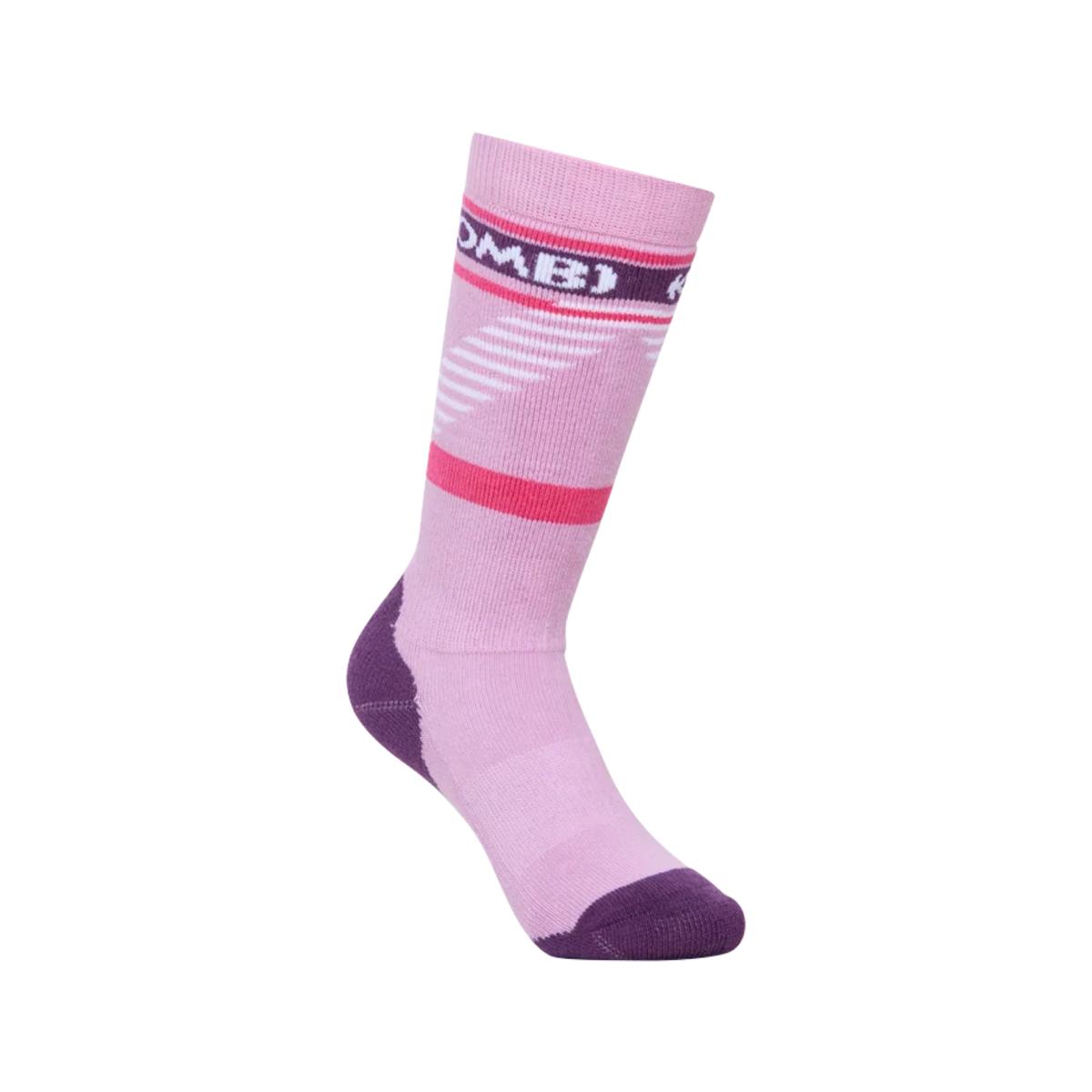 Kombi Ascent Junior Sock in Orchid Petal with 25% Merino wool, heavy cushioning, over-the-calf coverage and reinforced heel and toe for kids skiing