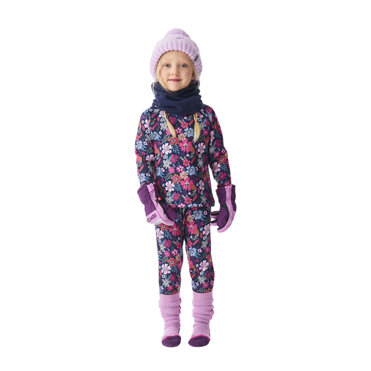 Front view of Kombi B3 Velvet Fleece Set in Flower Blossom design with matching thermal top and pants, 240 g/m² heavyweight velour-lined fleece and regular fit