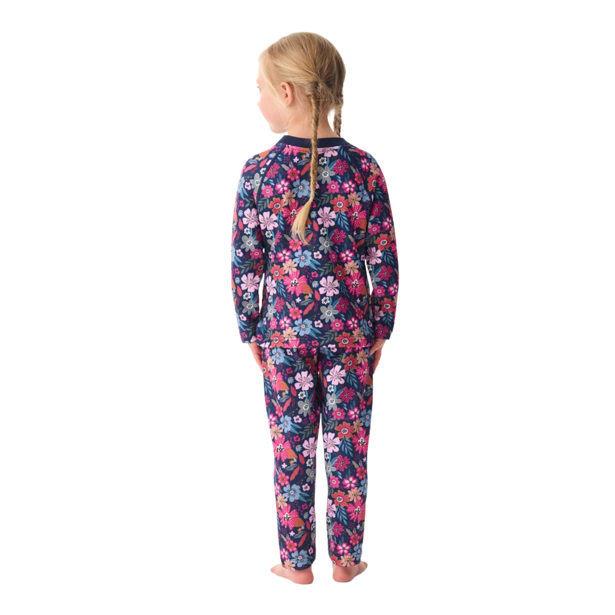 Rear view of Kombi B3 Velvet Fleece Set in Flower Blossom design with matching thermal top and pants, plush velour-lined fleece and flexible stretch construction