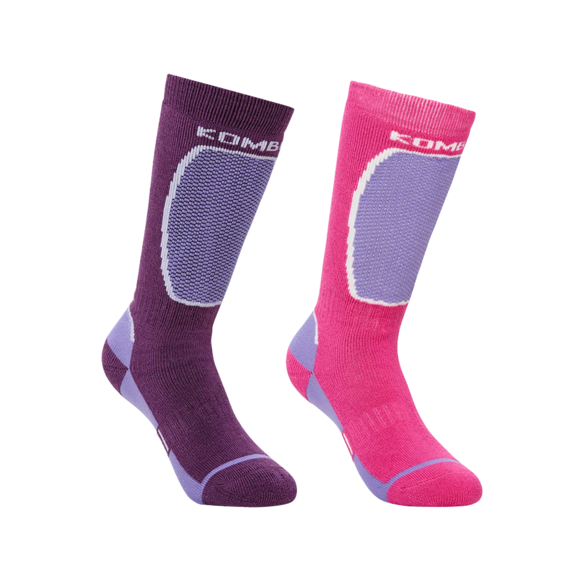 Kombi Brave Twin Pack Children Sock in Luxury Purple with two pairs of midweight over-the-calf ski socks featuring hybrid cushioning and breathable mesh panels
