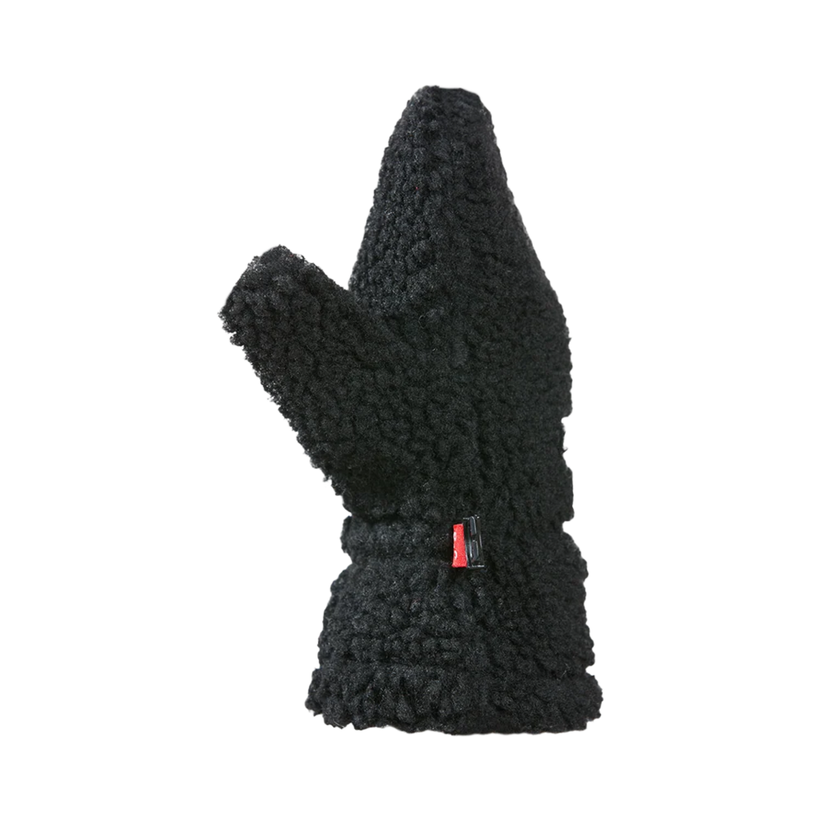 Side view of Kombi Camila Children Mitt in Black showing plush faux-shearling construction and protective winter coverage