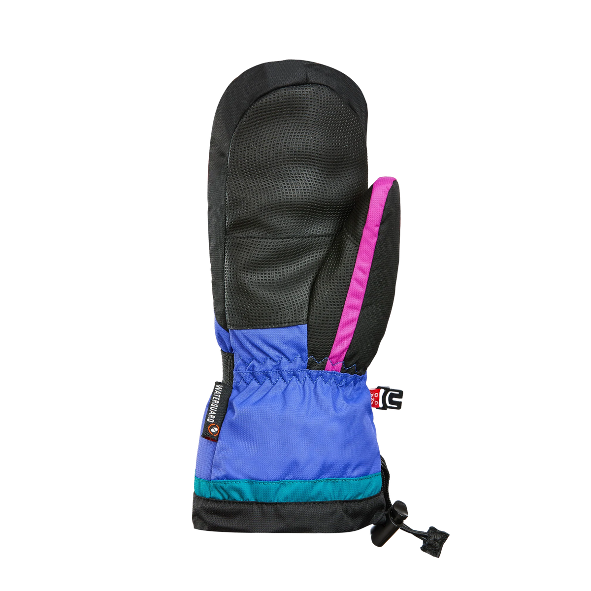 Palm view of Kombi The Original Junior Mitten in Orchid Pop design, showing durable water-resistant textured synthetic leather