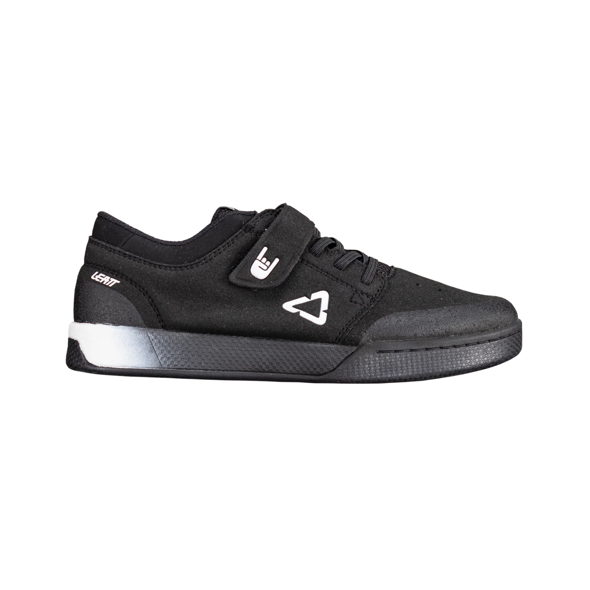 Side profile of Leatt Flat 2.0 Junior in Black flat pedal MTB shoes with durable mesh upper