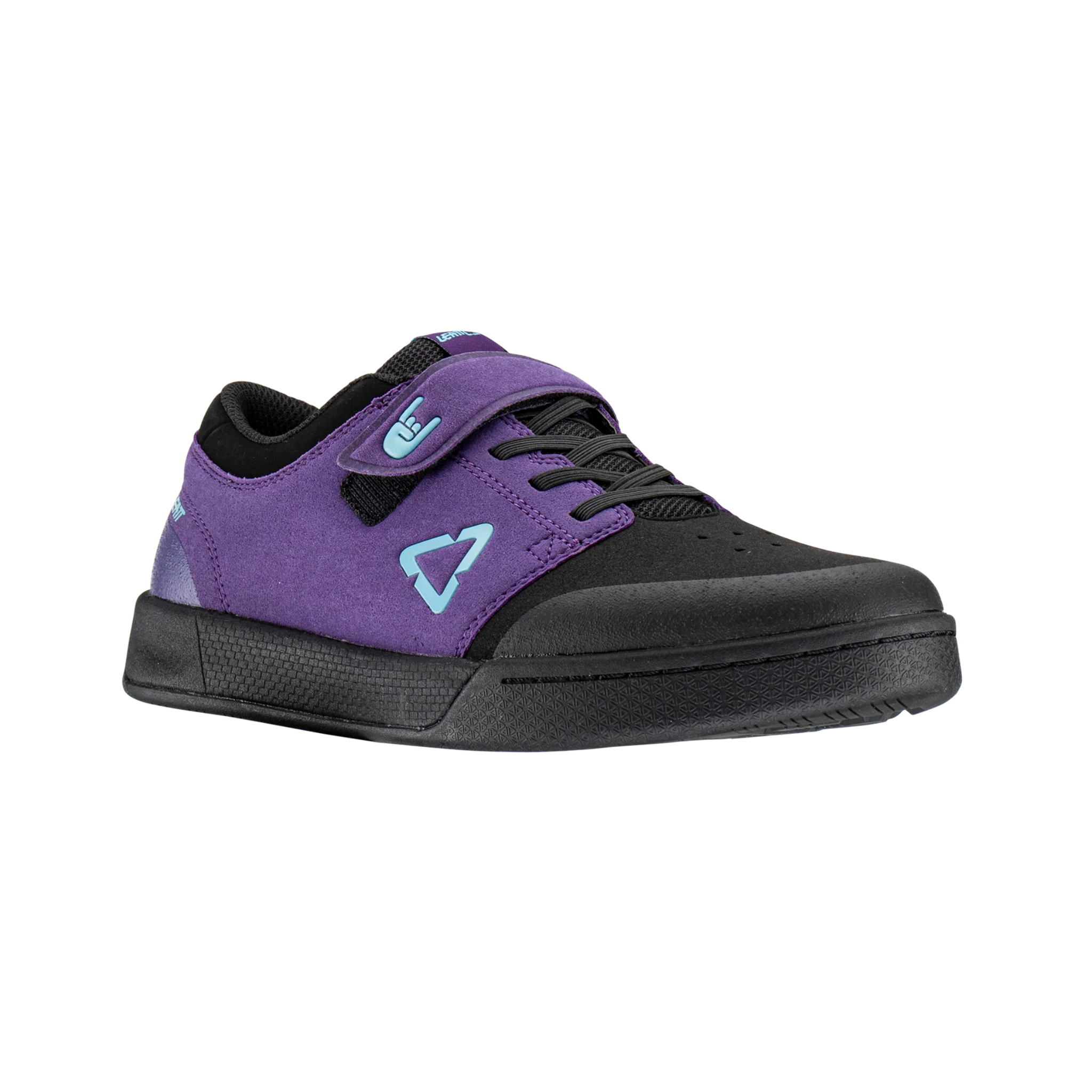 Side profile of Leatt Flat 2.0 Junior flat pedal MTB shoes in Velvet Purple with durable mesh upper