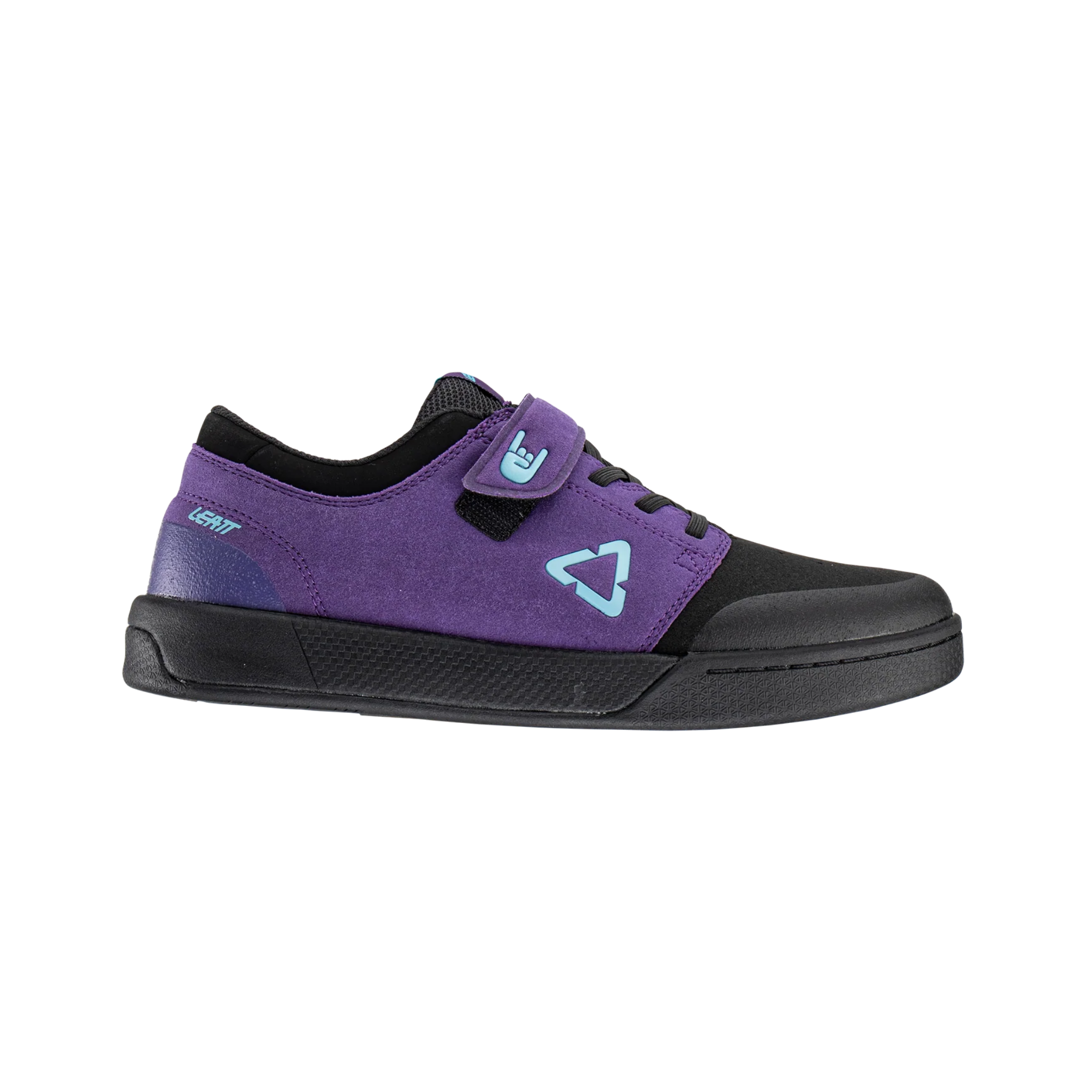 Side profile of Leatt Flat 2.0 Junior flat pedal MTB shoes in Velvet Purple with durable mesh upper