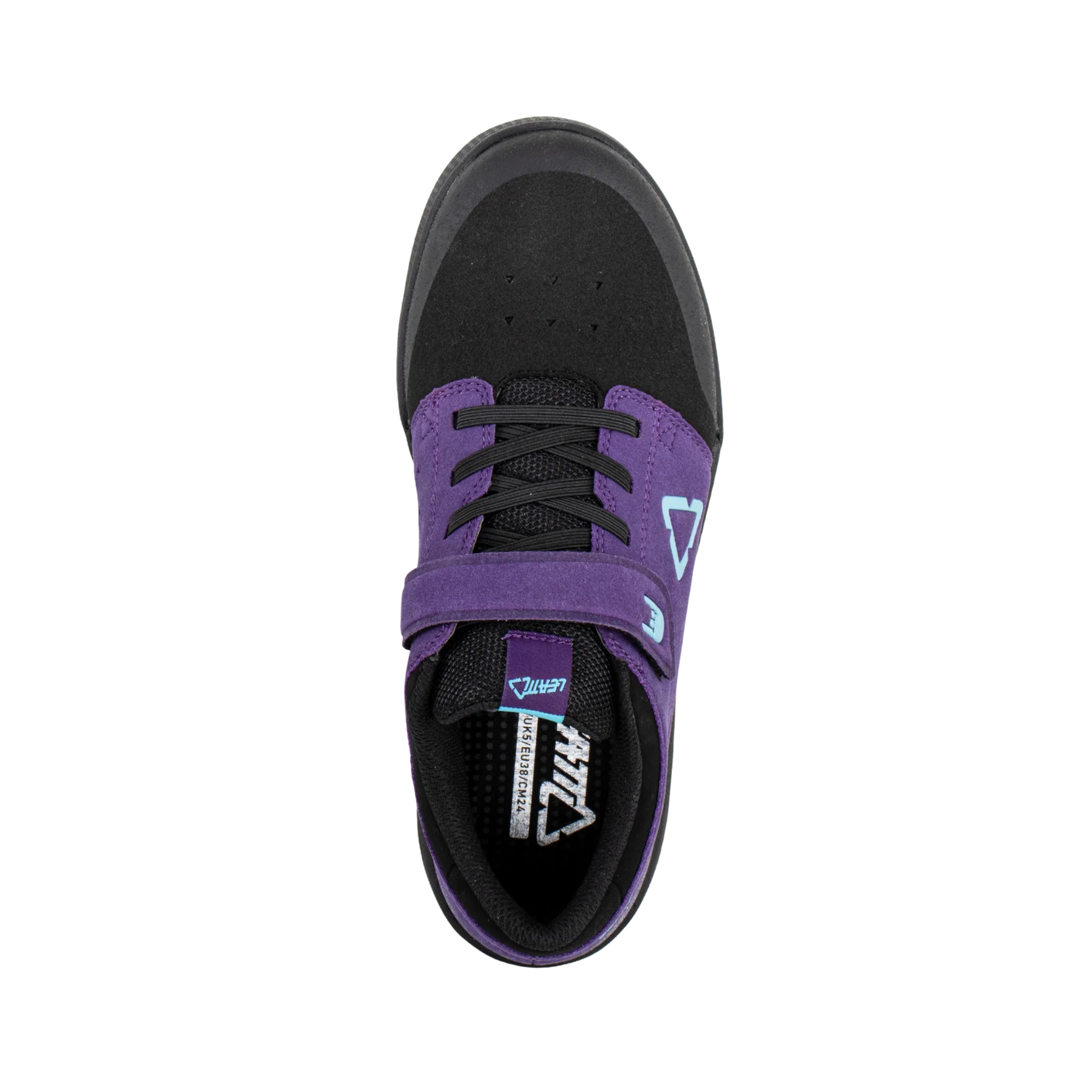 Front view of Leatt Flat 2.0 Junior youth mountain bike shoes in Velvet Purple with RideGrip™ Pro outsole