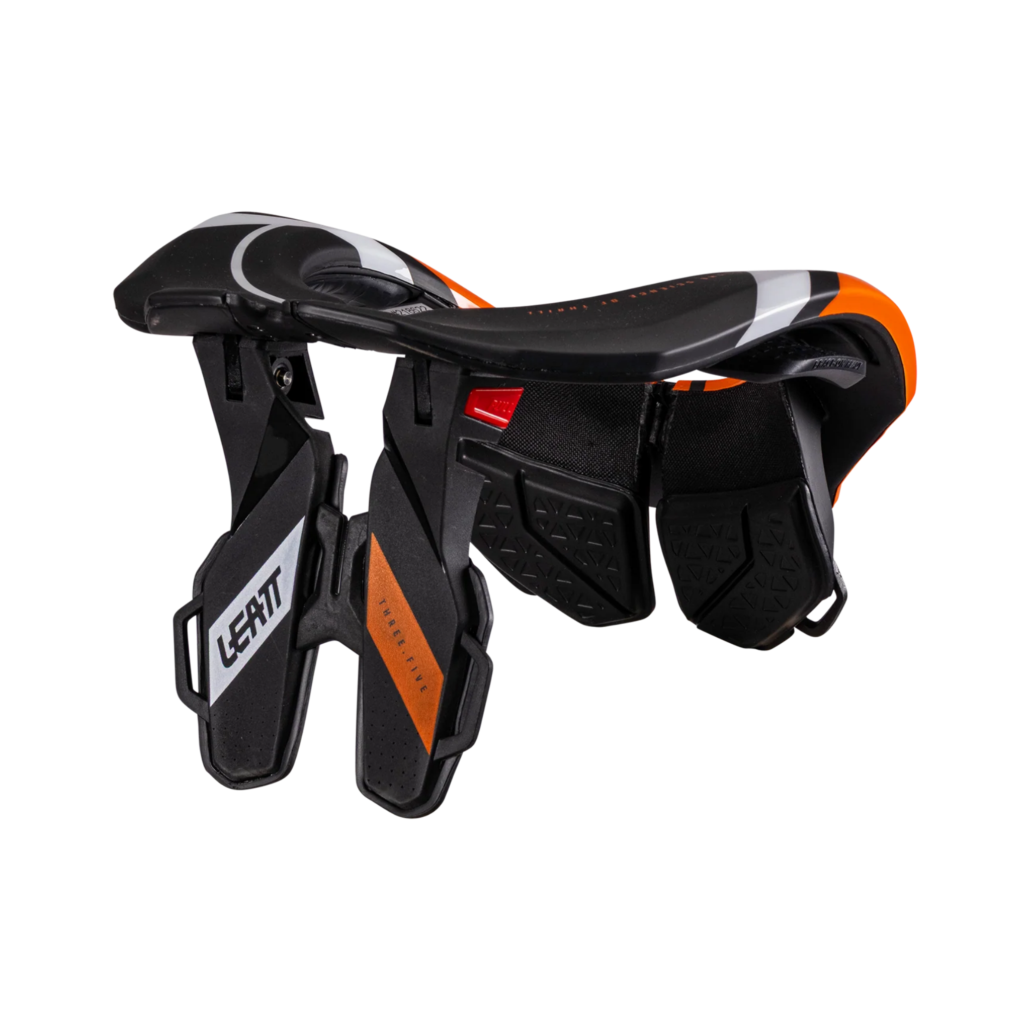 Close-up of Leatt 3.5 Junior neck brace in Orange collarbone cut-out and protective structu
