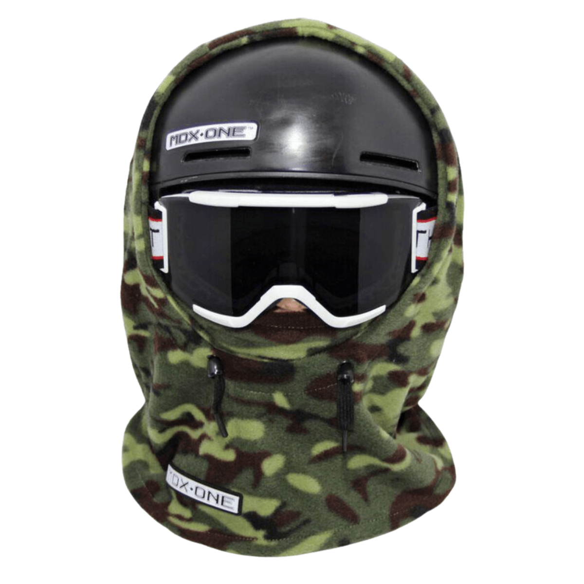 MDX One Over the Helmet Balaclava in Camo design with double-layered plush fleece, stretchy helmet-friendly fit and full head, neck and face coverage